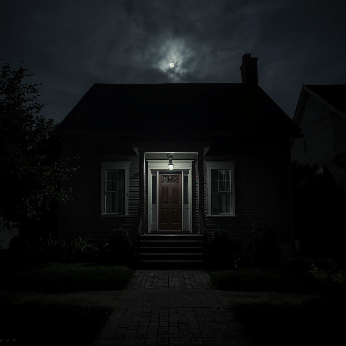 A dark residential exterior reflects the sudden violence that emerged from a longer unseen breakdown.