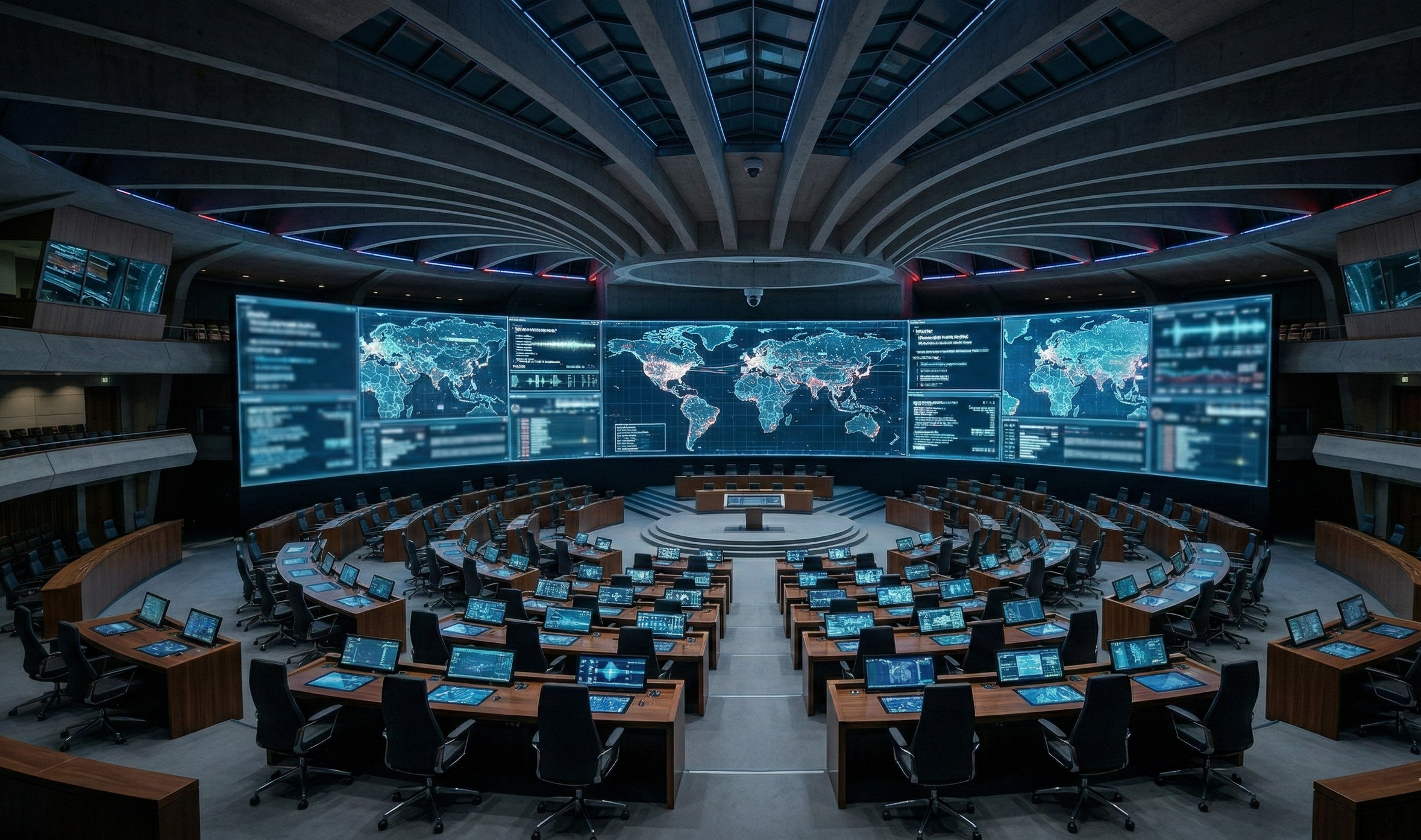 Advanced intelligence operations center with global digital maps and data dashboards illustrating large-scale surveillance and strategic monitoring systems.