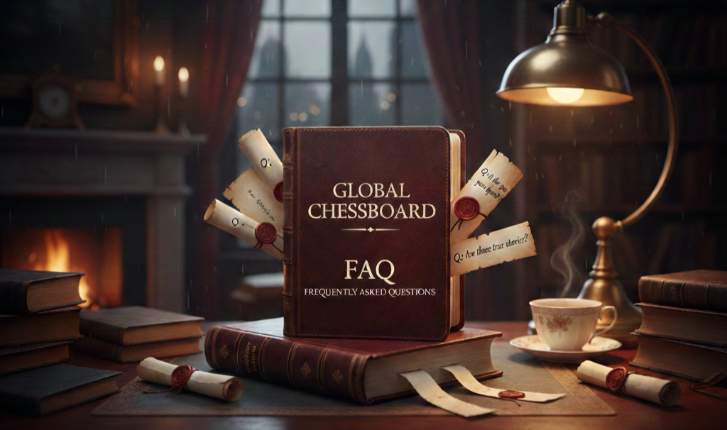 A wooden table with a brown leather-bound book titled 'Global Chessboard FAQ: Frequently Asked Questions' surrounded by rolled scrolls sealed with red wax, stacks of books, a steaming cup of coffee, a vintage desk lamp, and a fireplace in the background.
