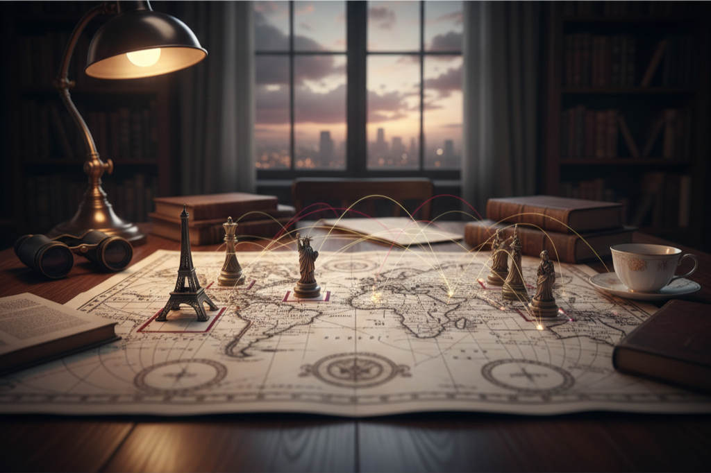 A table with a world map and miniature city landmarks like the Eiffel Tower and Statue of Liberty, chess pieces, books, binoculars, a lamp, and a cup, set in a room with a window showing a city skyline at sunset.