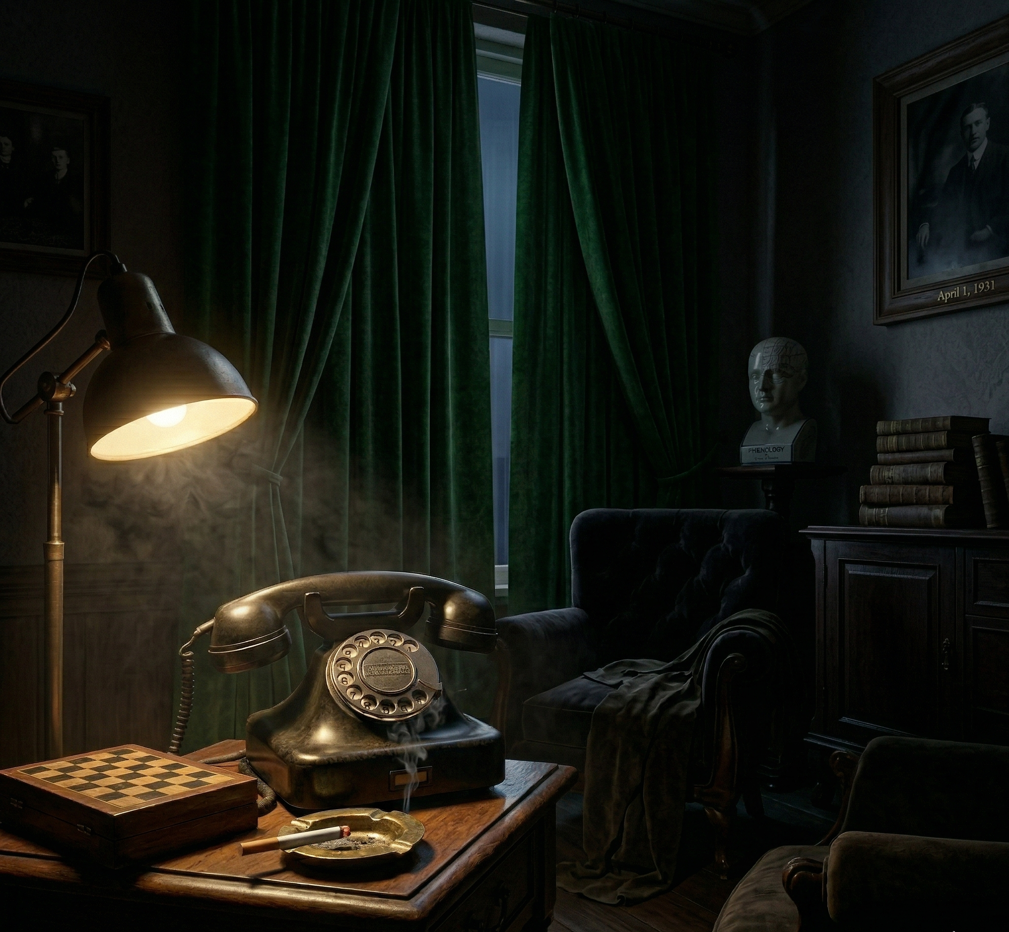 A vintage telephone beside a chessboard symbolizes the mysterious message at the center of the Wallace case.