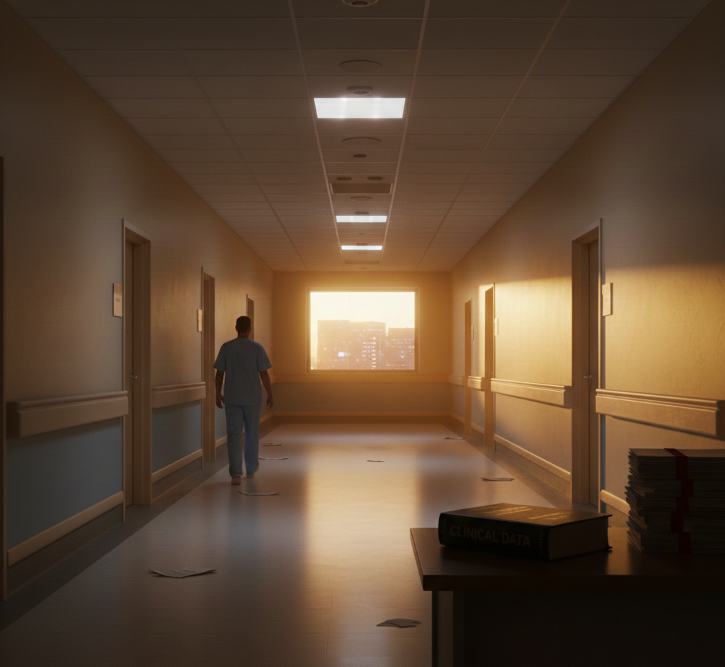 Hospital corridor at sunset with medical worker walking past clinical data files, symbolizing patient safety, research ethics, and healthcare accountability.