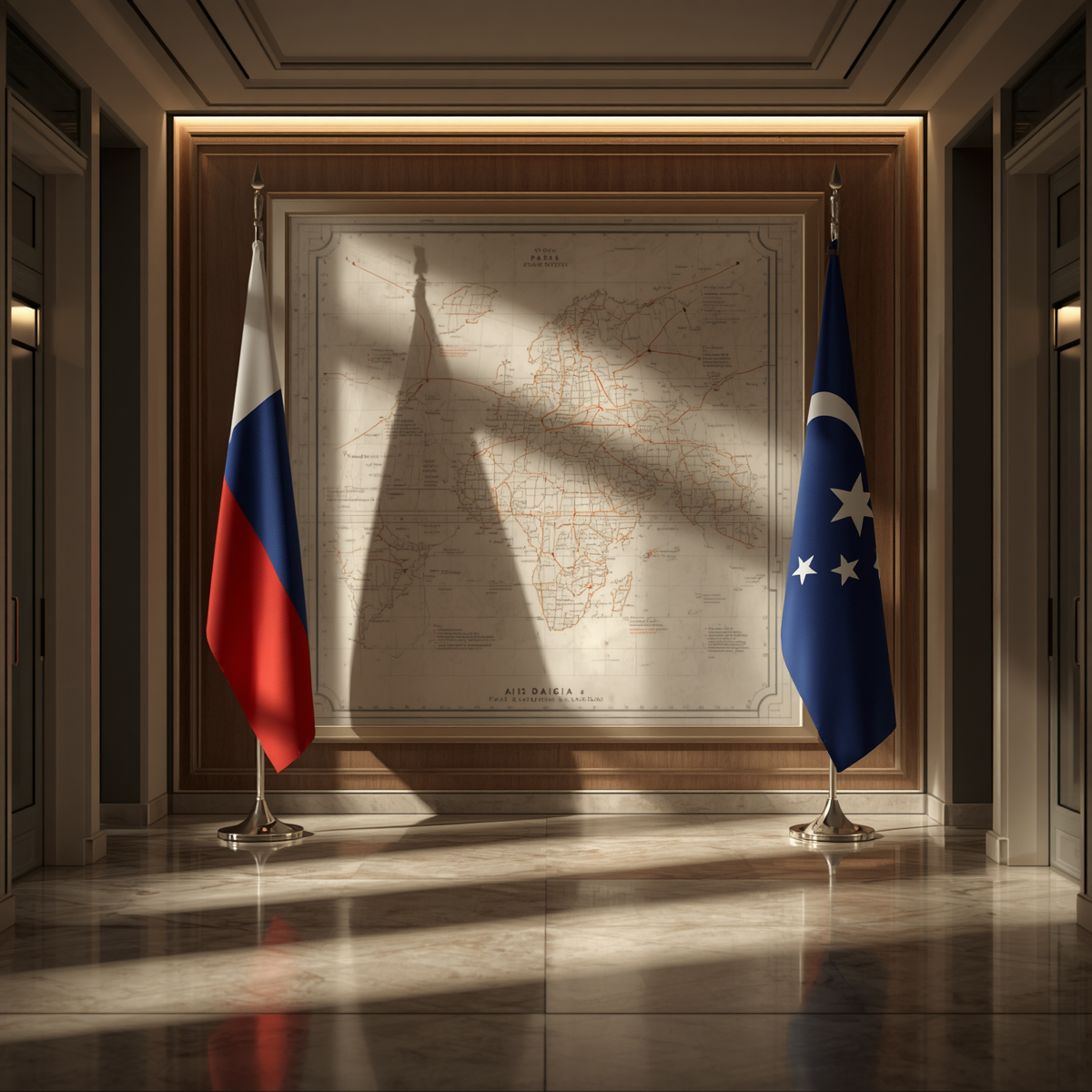 Shadowed diplomatic symbols and a strategic map suggest how foreign interests can shape regime change from beyond the border.
