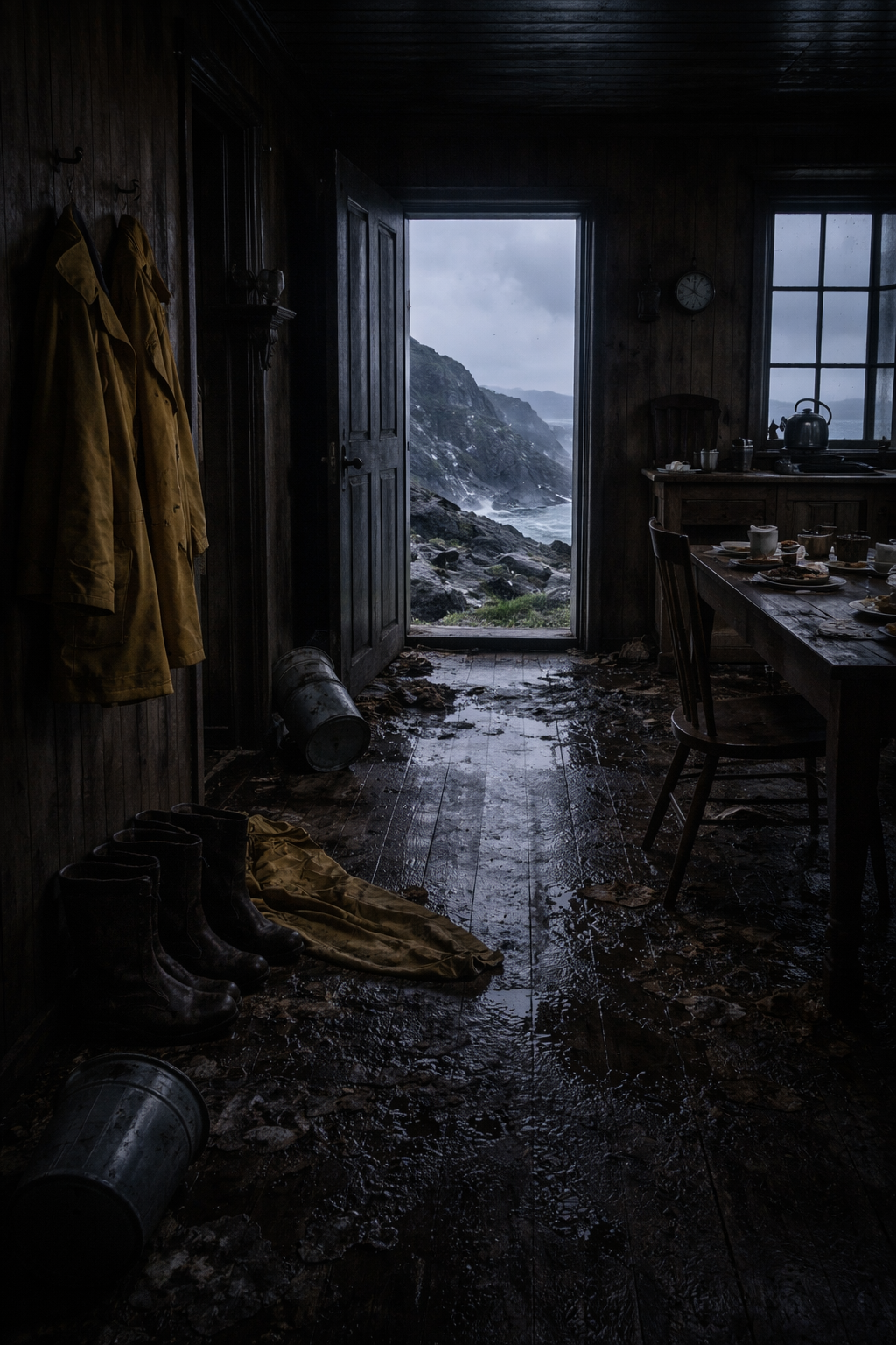 Abandoned lighthouse interior with open door facing stormy cliffs, coats and boots left behind, and an untouched table suggesting the sudden disappearance of the Flannan Isles keepers.
