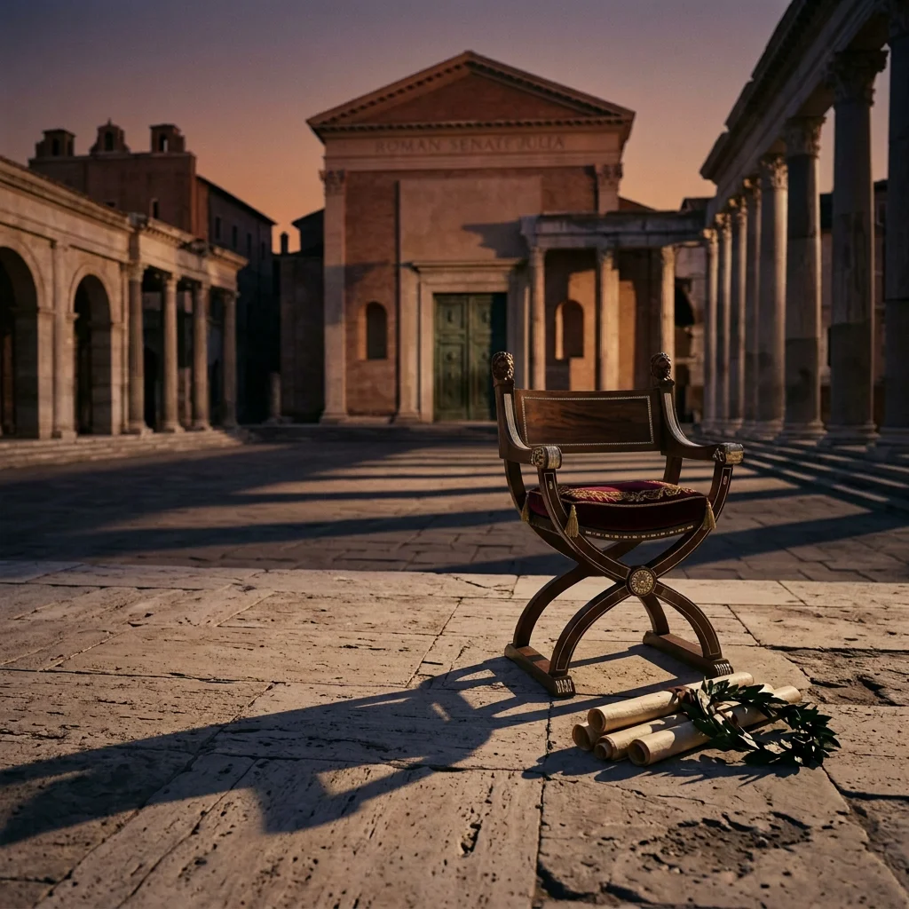 The Roman Forum at dusk with the Roman Senate building in the background, an empty curule chair placed prominently in the foreground beside official scrolls and a laurel wreath
