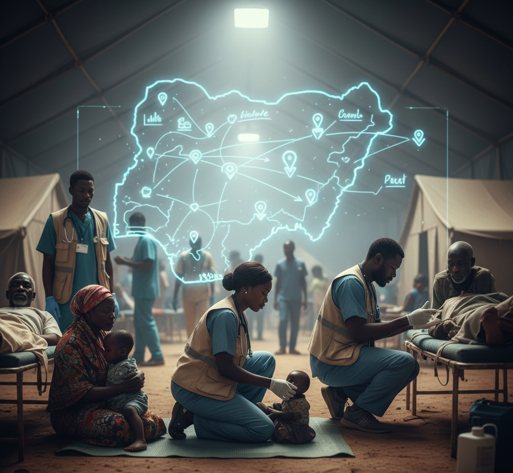 Medical aid workers providing humanitarian healthcare in an African field clinic, highlighting public health systems, crisis response, and global medical infrastructure.