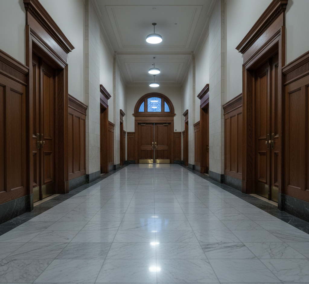 Empty courthouse hallway with wooden doors and marble floor, symbolizing the legal proceedings in the Billy Milligan trial and criminal justice system.