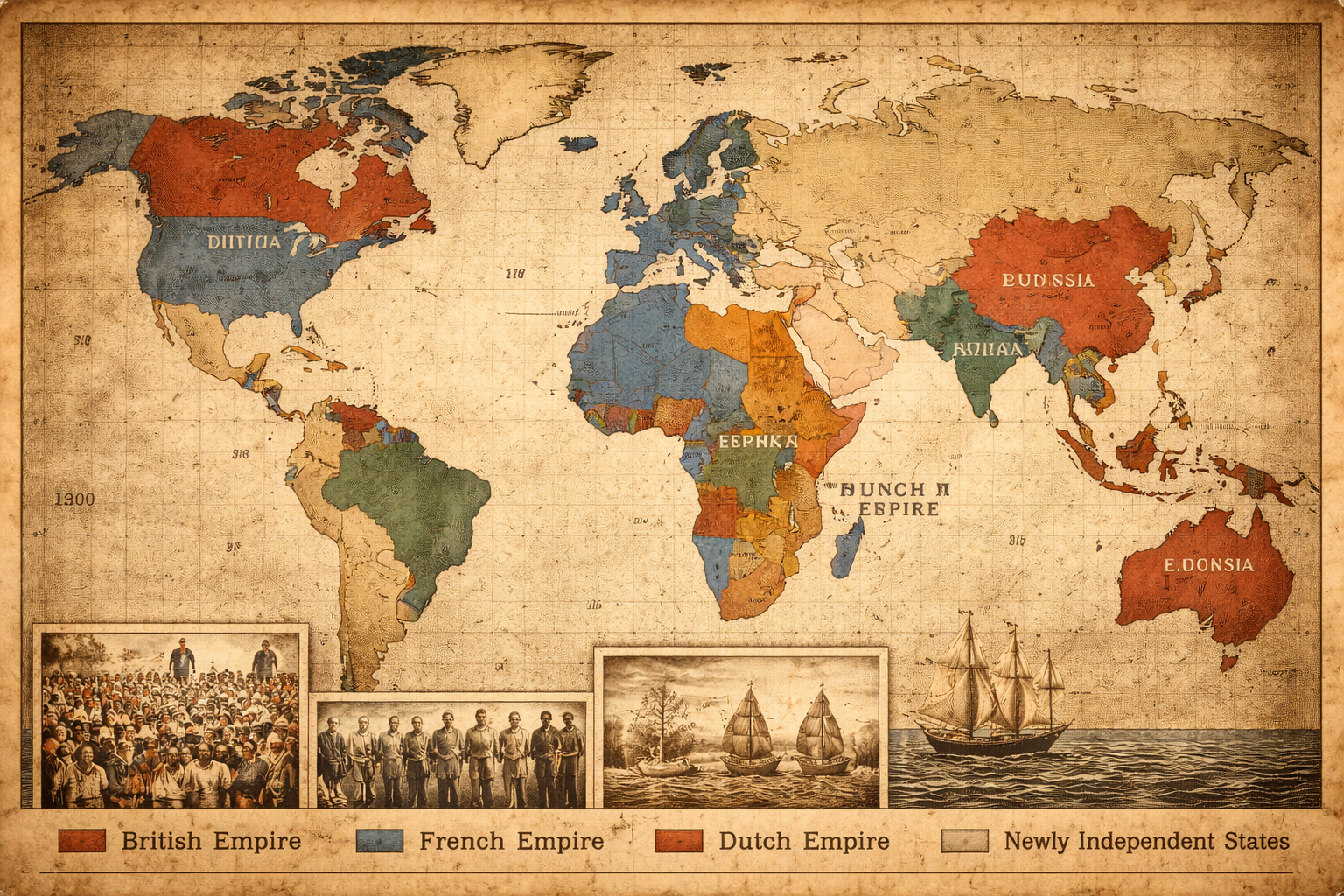 Vintage-style world map illustrating the collapse of European colonial empires after World War II and the rise of newly independent nations across Asia, Africa, and the Middle East.