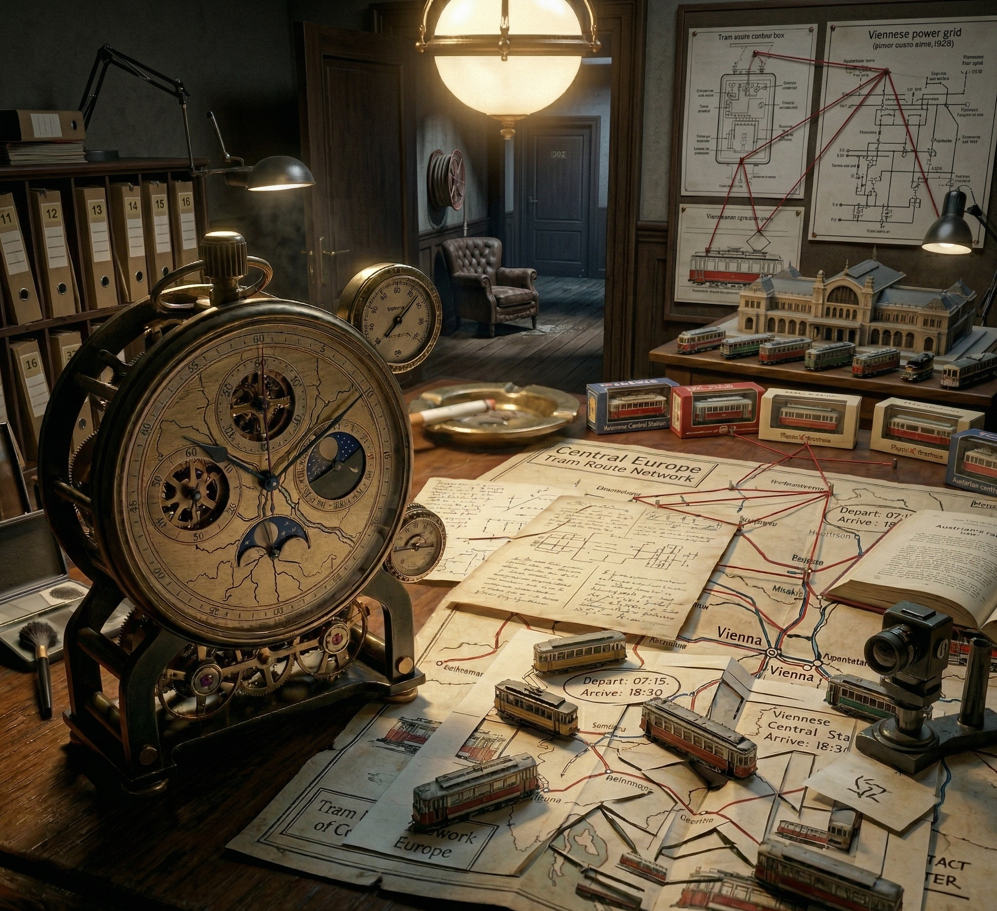 A clock and a street map evoke the disputed timeline at the heart of the Julia Wallace mystery.