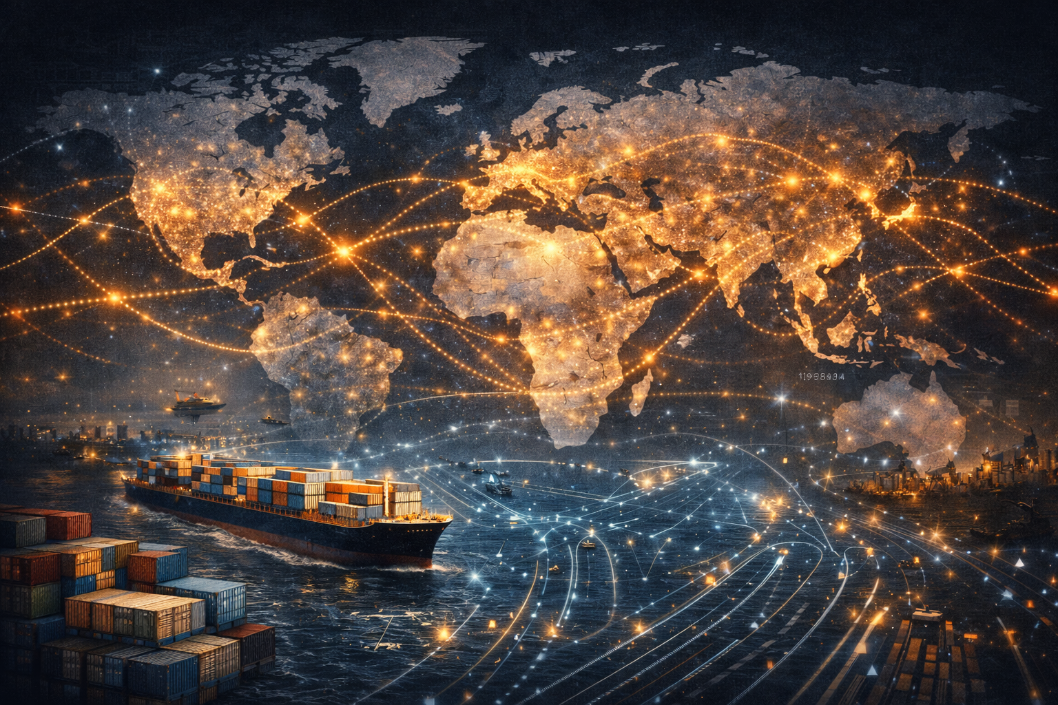 World map showing major global shipping routes and trade networks connecting modern economies