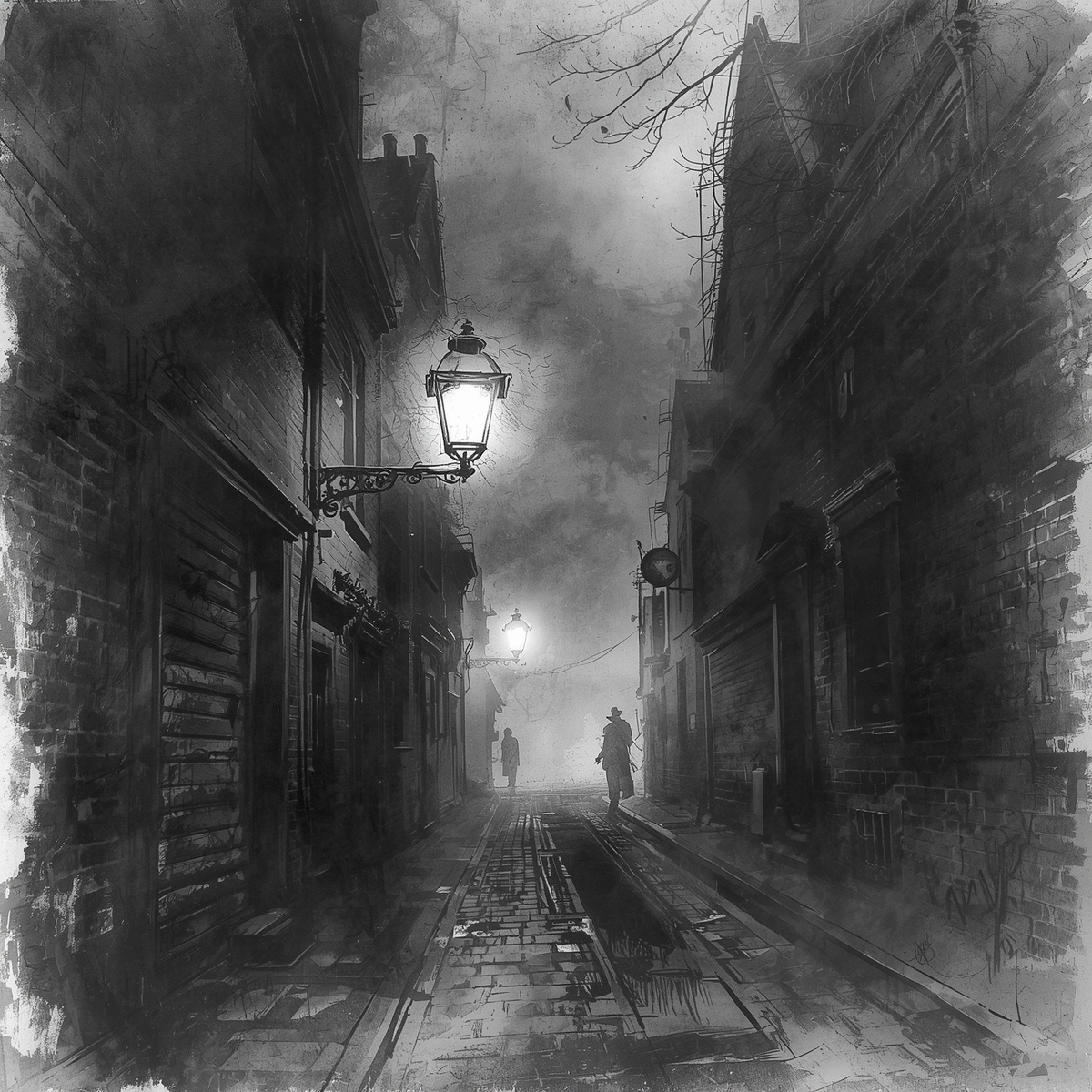 A gaslit Victorian lane fading into fog symbolizes a mystery that history never resolved.