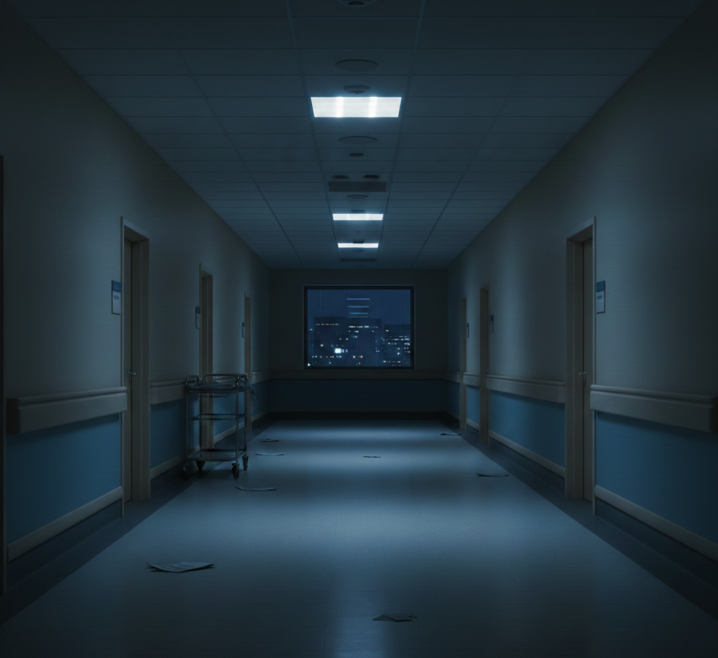 Empty hospital corridor at night with dim lighting and scattered papers, symbolizing medical uncertainty and institutional silence.