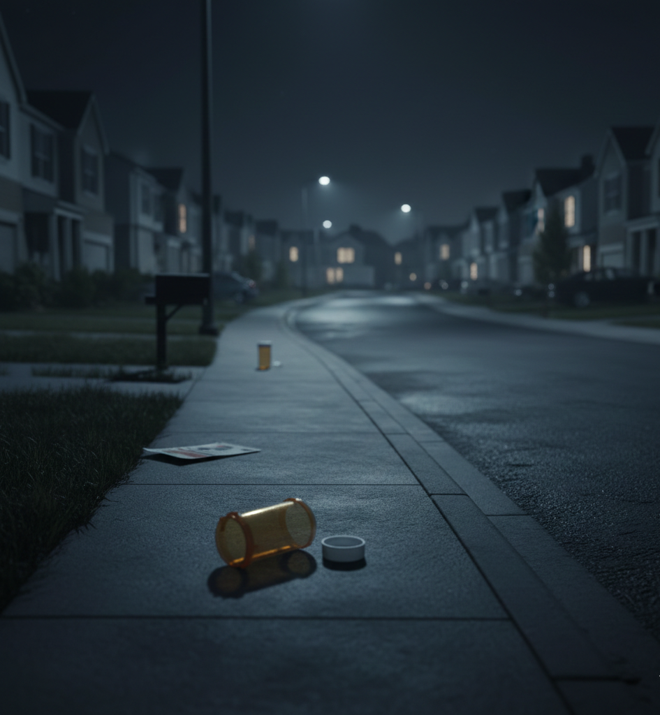 Empty prescription bottle on a quiet suburban street at night, symbolizing opioid addiction, pharmaceutical negligence, and public health consequences.
