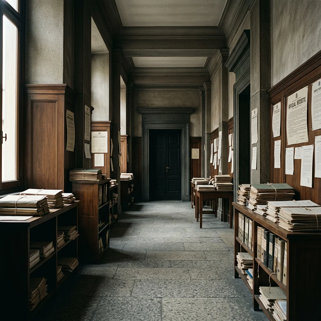 An austere 1930s European government corridor gradually transformed by authoritarian state symbolism, official decrees, legal files, police records and bureaucratic documents leading toward a dark administrative doorway