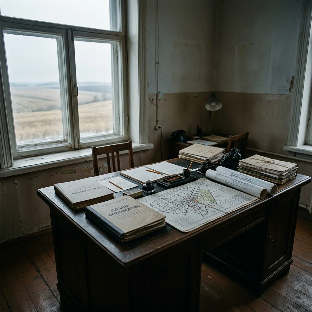 A stark Soviet administrative office from the early Stalin era, an industrial planning map, collectivisation records, agricultural production documents, factory blueprints and party files spread across a heavy wooden desk