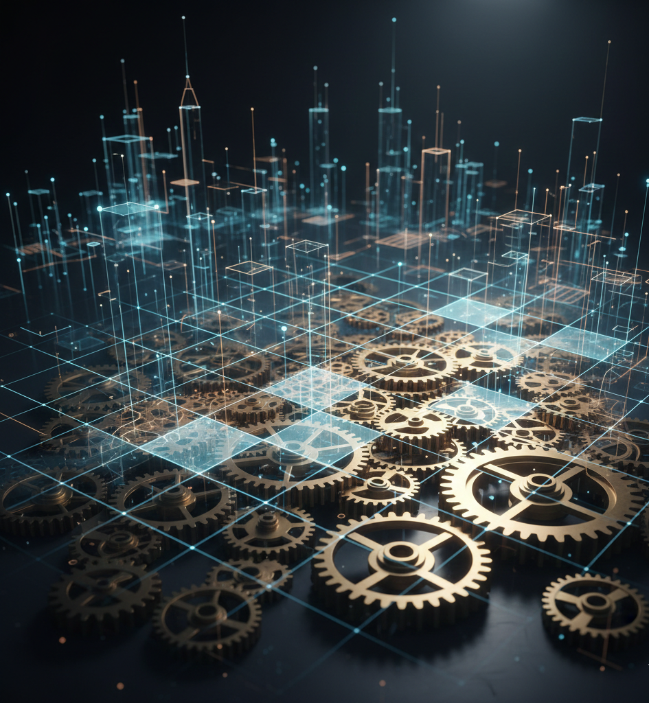 Abstract digital gears and data grid visualization representing interconnected systems, psychological analysis, and investigative patterns in the Billy Milligan true crime case.