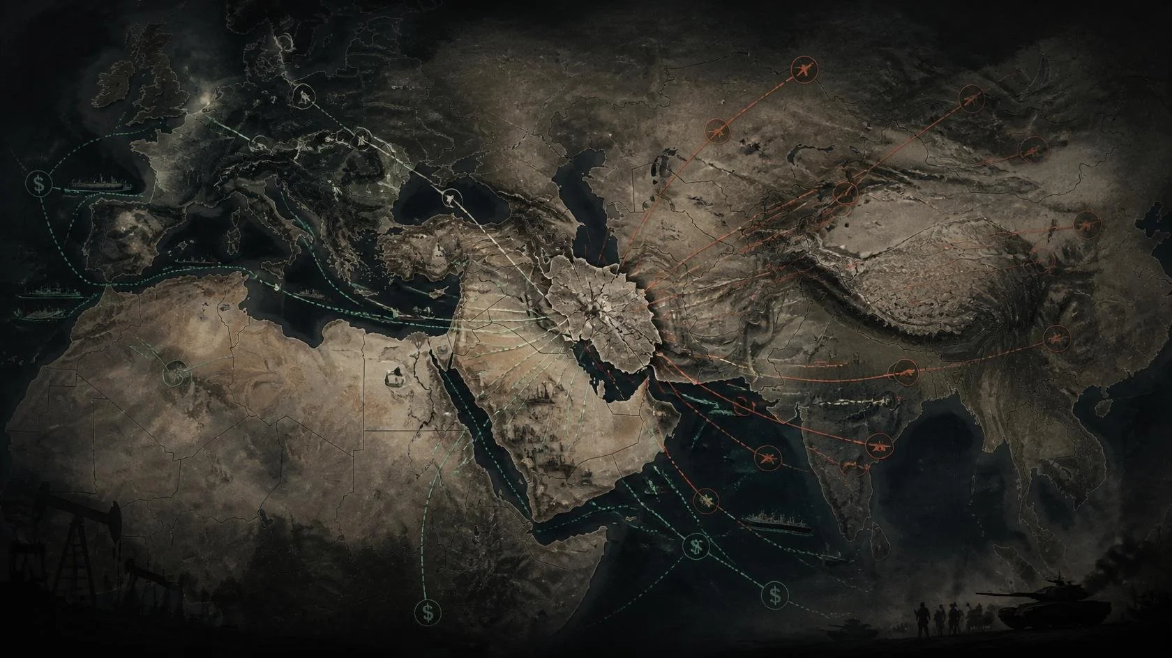 A divided country is surrounded by foreign financial, political and military routes, showing how domestic conflict can become an international battleground.