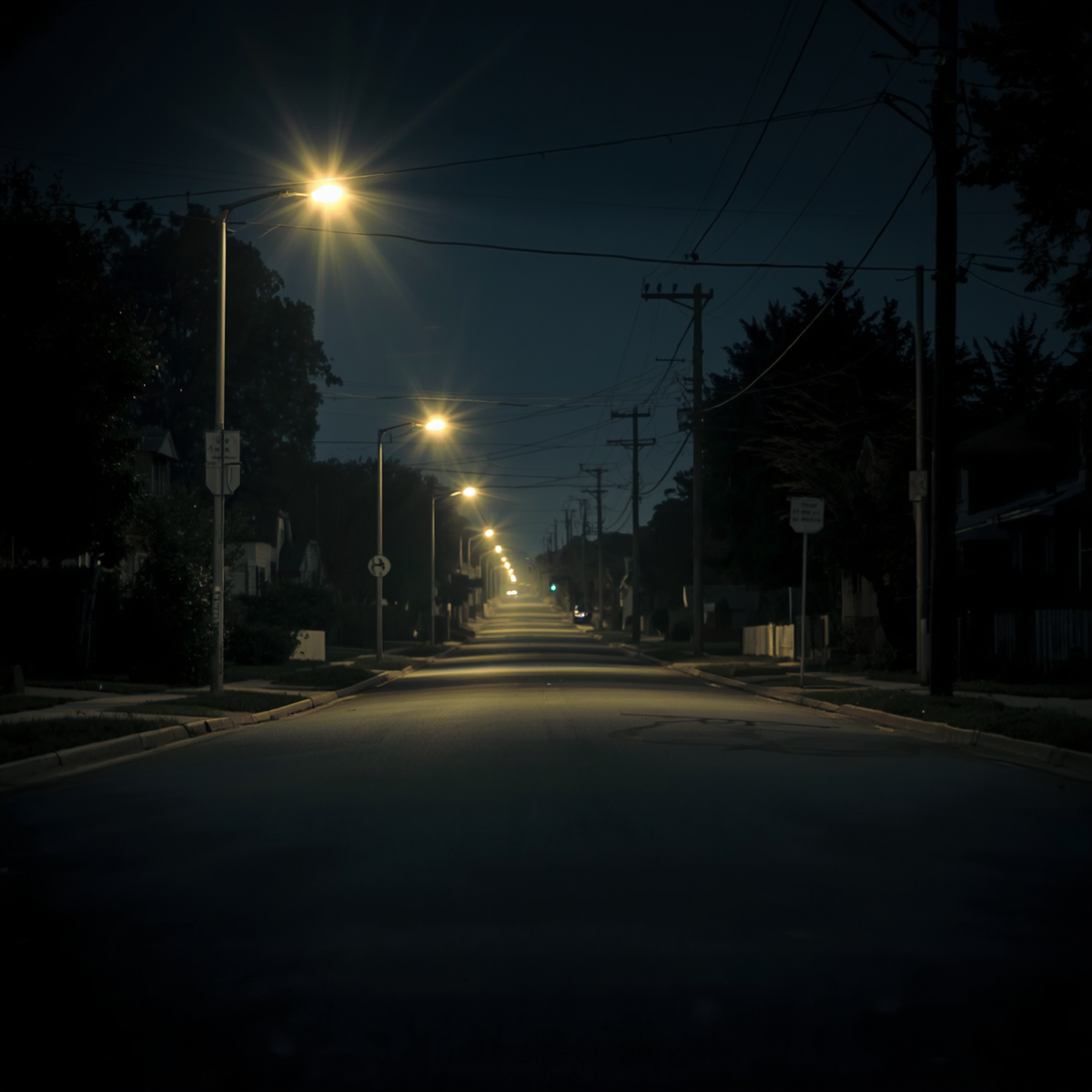 An empty neighborhood street under dim lights evokes the fear that spread through Sacramento during the killings.