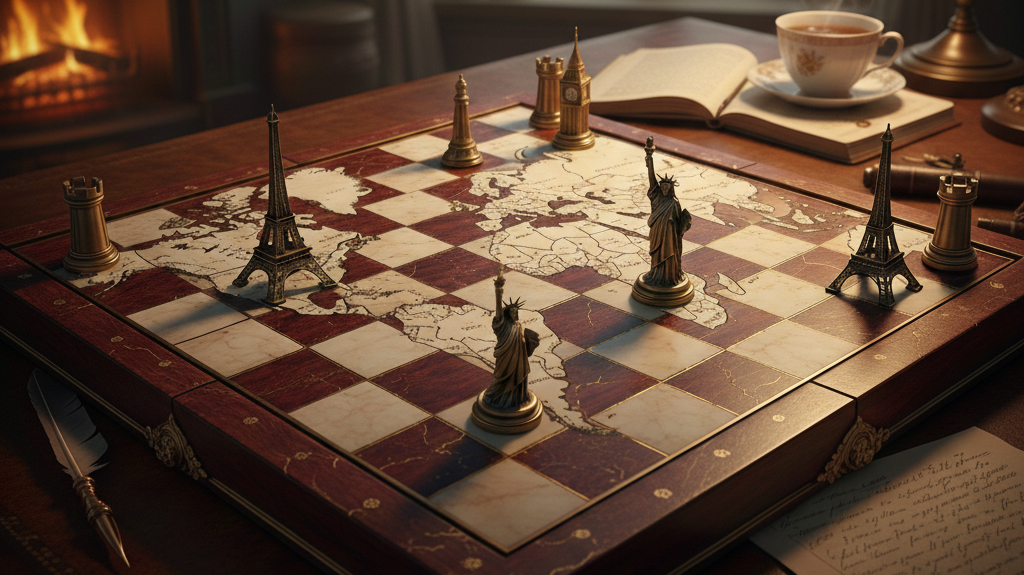 A chessboard with world map design and miniature Eiffel Tower, Statue of Liberty, Big Ben, and Tower of Pisa as chess pieces on a wooden table. A book, cup of tea or coffee, and a lamp are in the background.