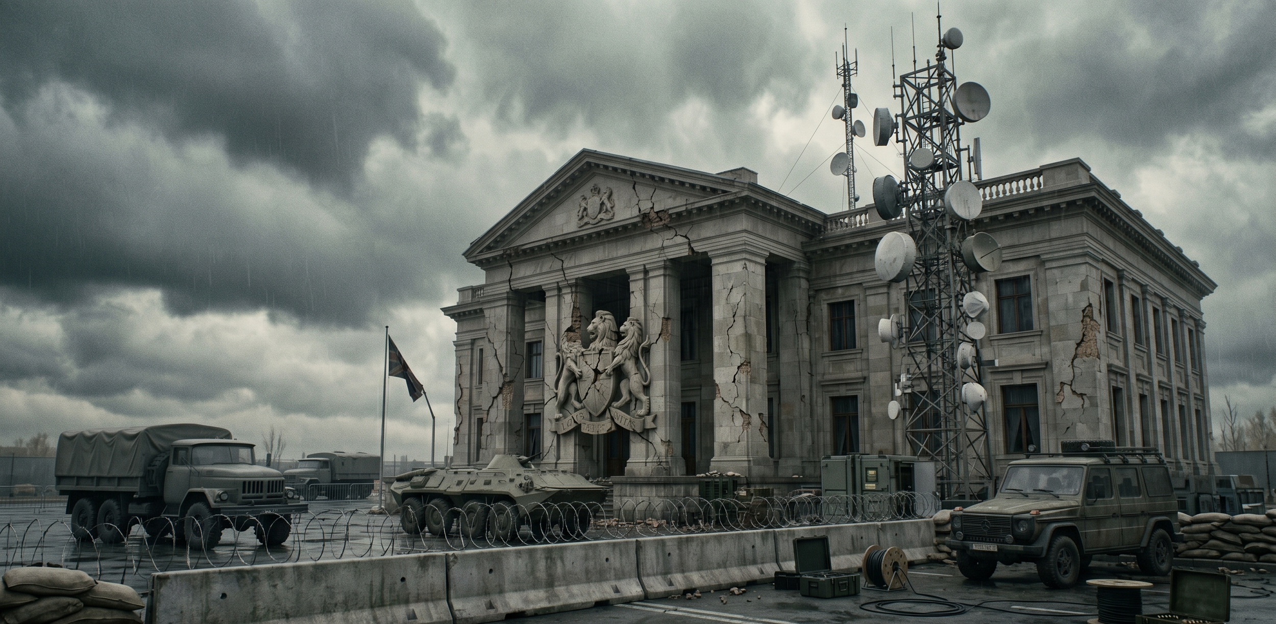 Communications infrastructure and blocked transit routes evoke the speed and coordination required to seize a state.