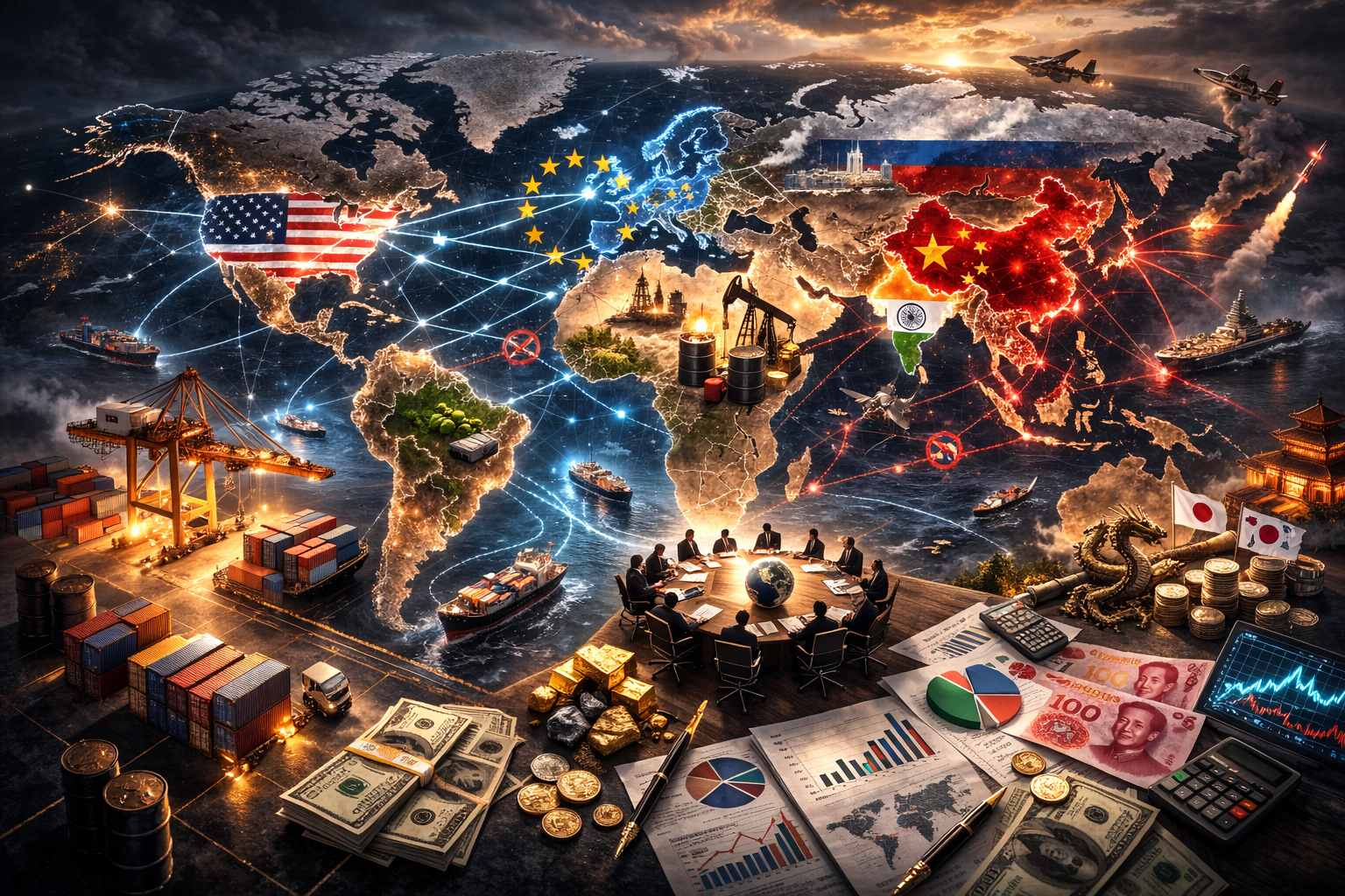 Global financial system map illustrating currency competition, economic blocs, and the modern economic battlefield