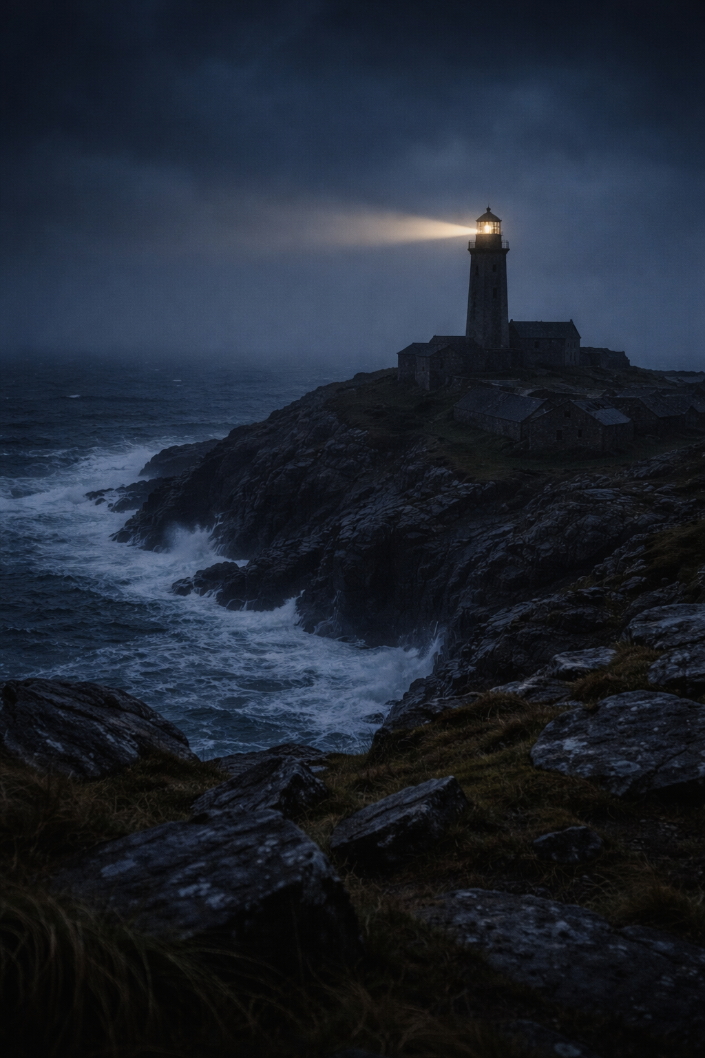Lonely lighthouse casting light across a dark ocean, representing the unanswered disappearance of the Flannan Isles keepers.