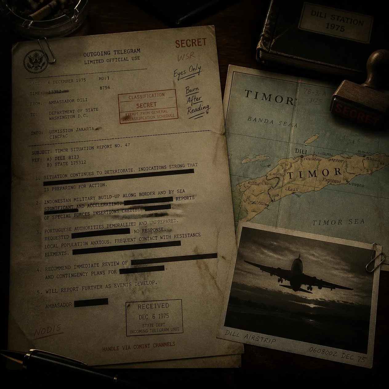 A diplomatic telegram and map of East Timor reflect the meeting held immediately before Indonesia’s 1975 invasion.