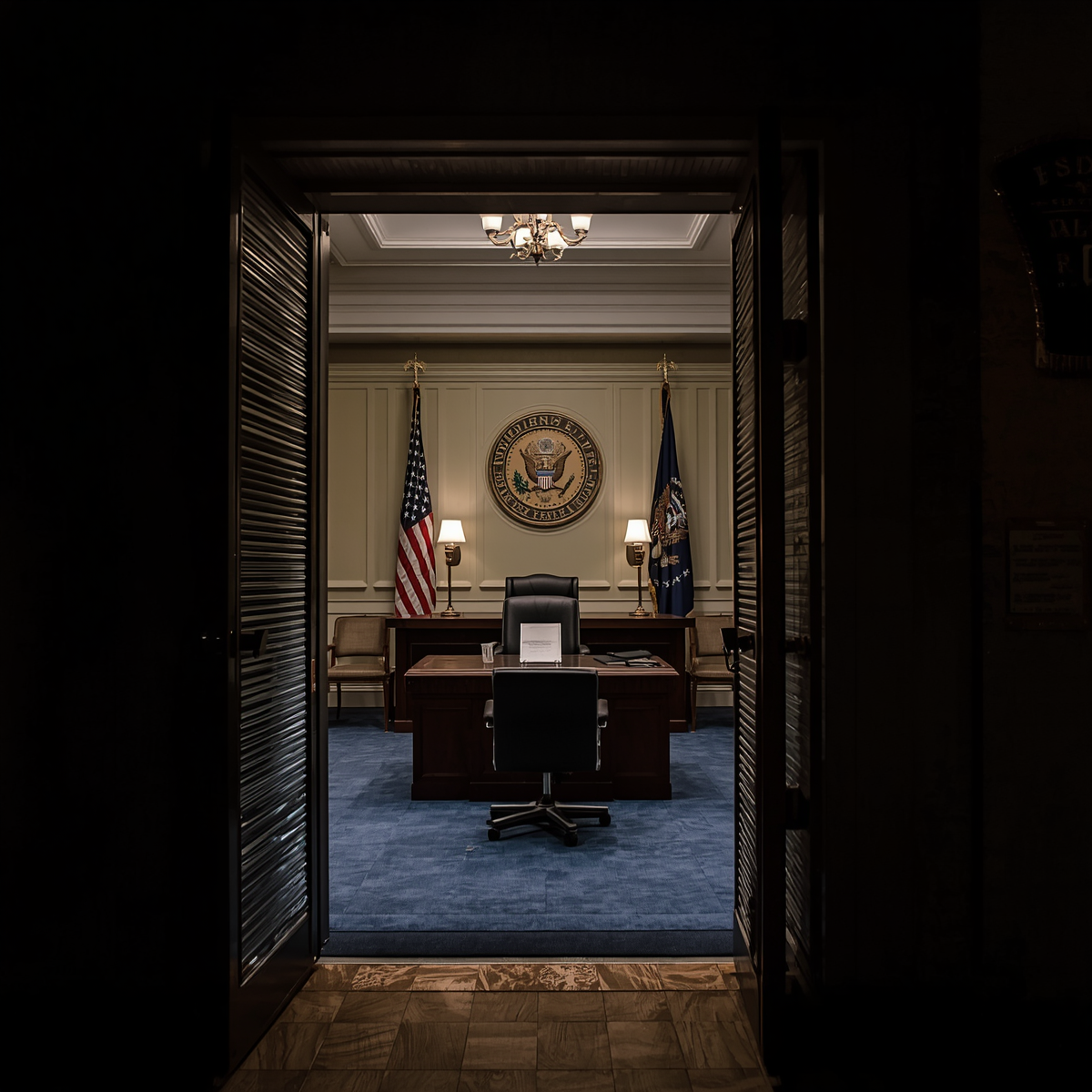 A dark government corridor and official papers suggest the uneasy consolidation of power after a coup.