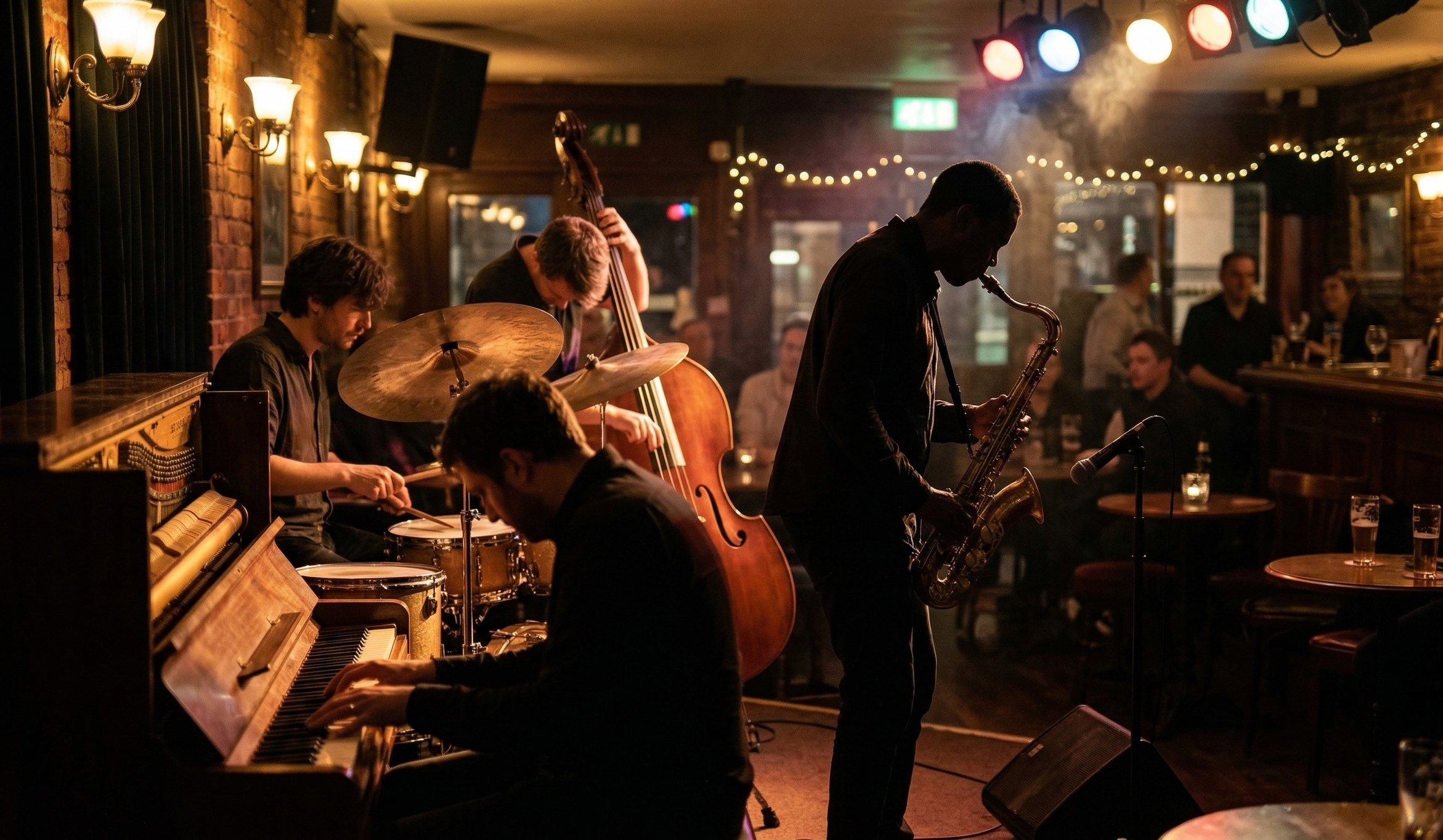 A crowded room filled with people playing jazz through the night in fear.