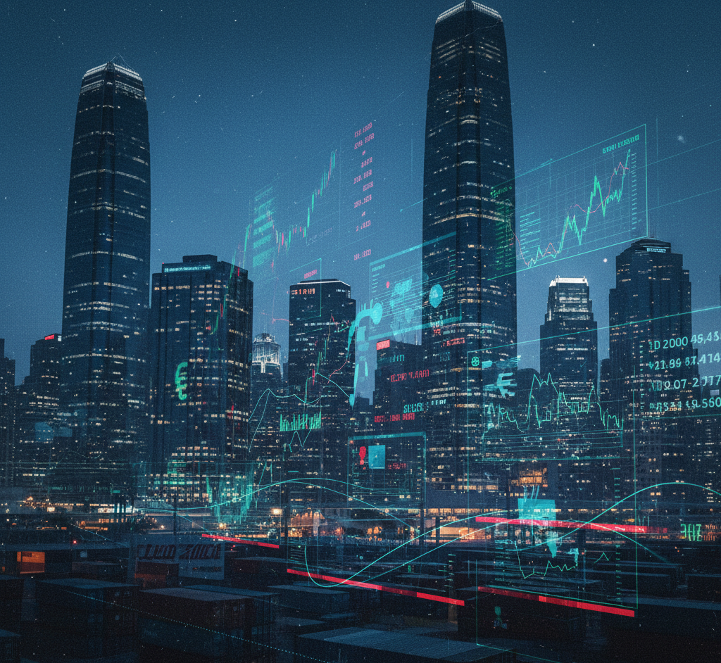 City skyline with stock market data symbolizing financial networks linked to organized crime.