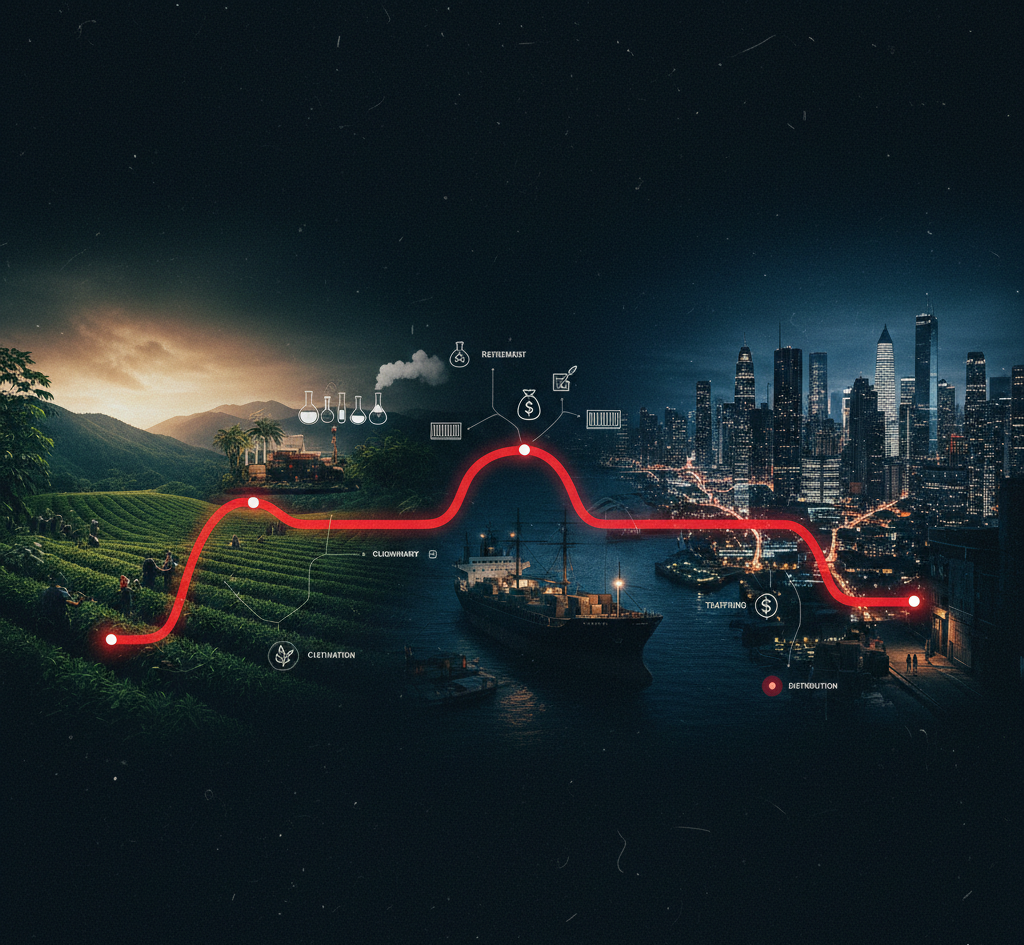 Global drug trafficking route map illustrating cultivation, transport, and distribution networks.