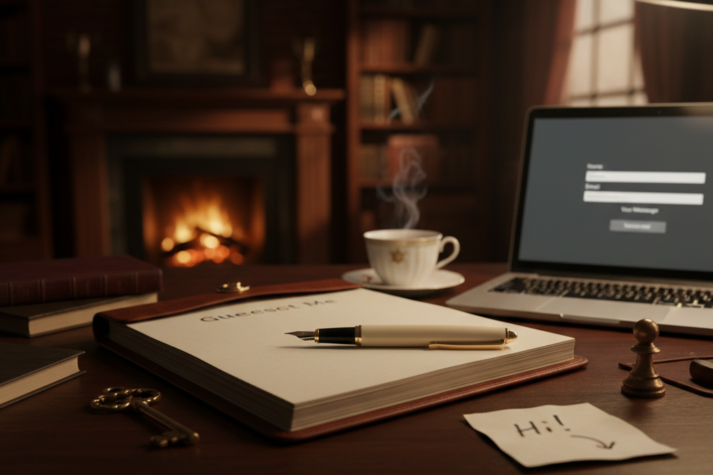 A cozy workspace with a notebook, pen, and chess pawn on a wooden desk, a steaming cup of coffee, and a laptop in front of a fireplace in a library.