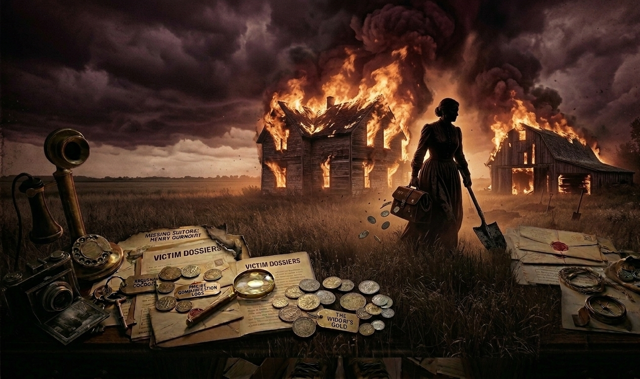 Illustration depicting the theory that Belle Gunness survived the 1908 fire and escaped after staging her own death.