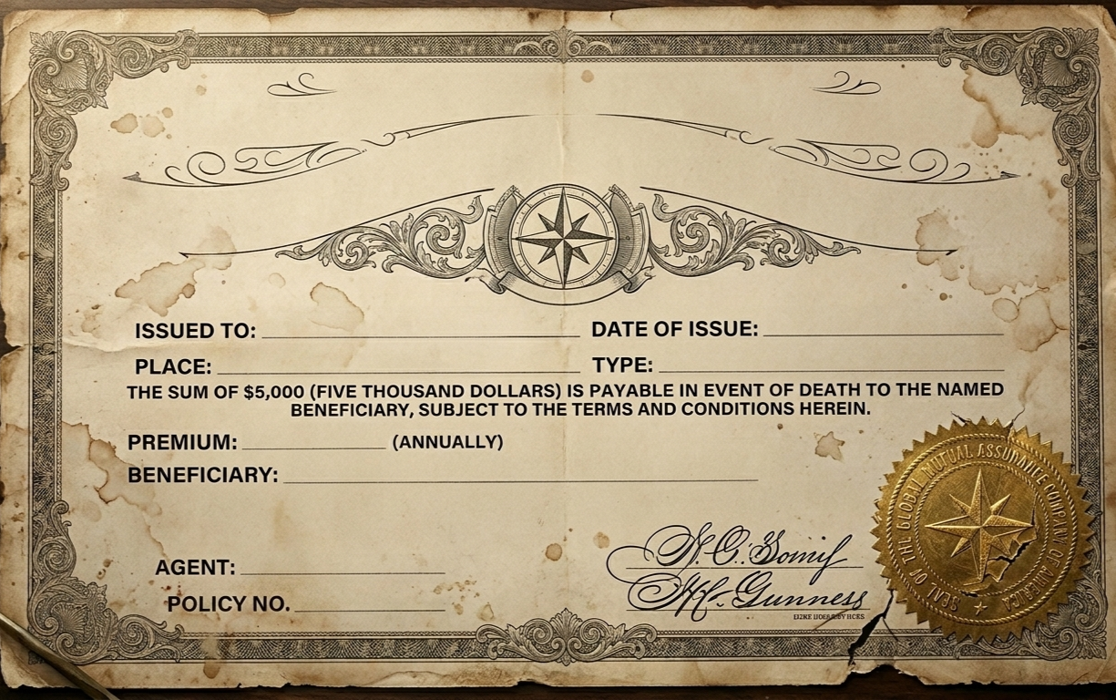 Early 20th-century life insurance policy representing the payouts Belle Gunness collected after the suspicious deaths of her husbands.