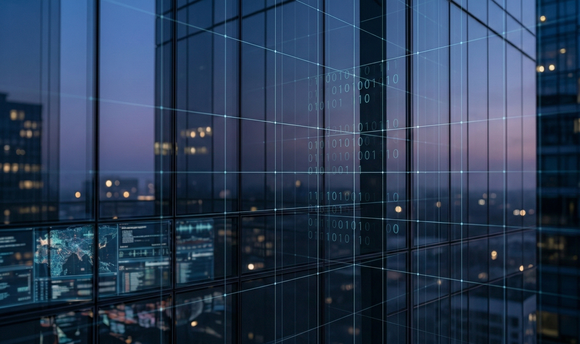 Digital data grid overlay on modern office building at dusk symbolizing large-scale data collection, cyber surveillance, and intelligence monitoring systems.