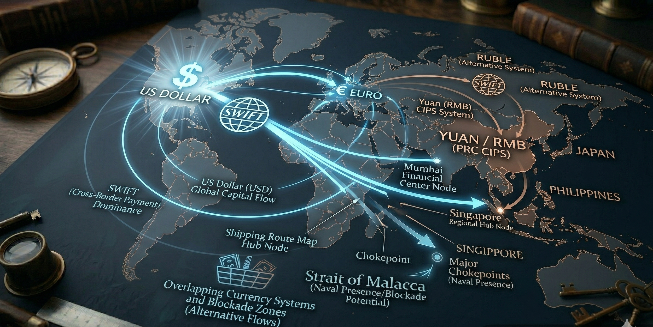 Financial data screens and currency symbols illustrate how economic pressure and monetary power have become instruments of indirect conflict.