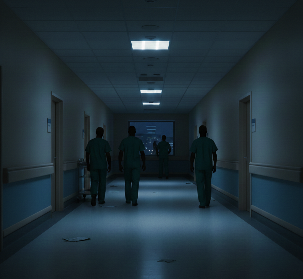 Hospital staff walking down a dimly lit corridor at night, representing systemic pressure, medical responsibility, and institutional decision-making.