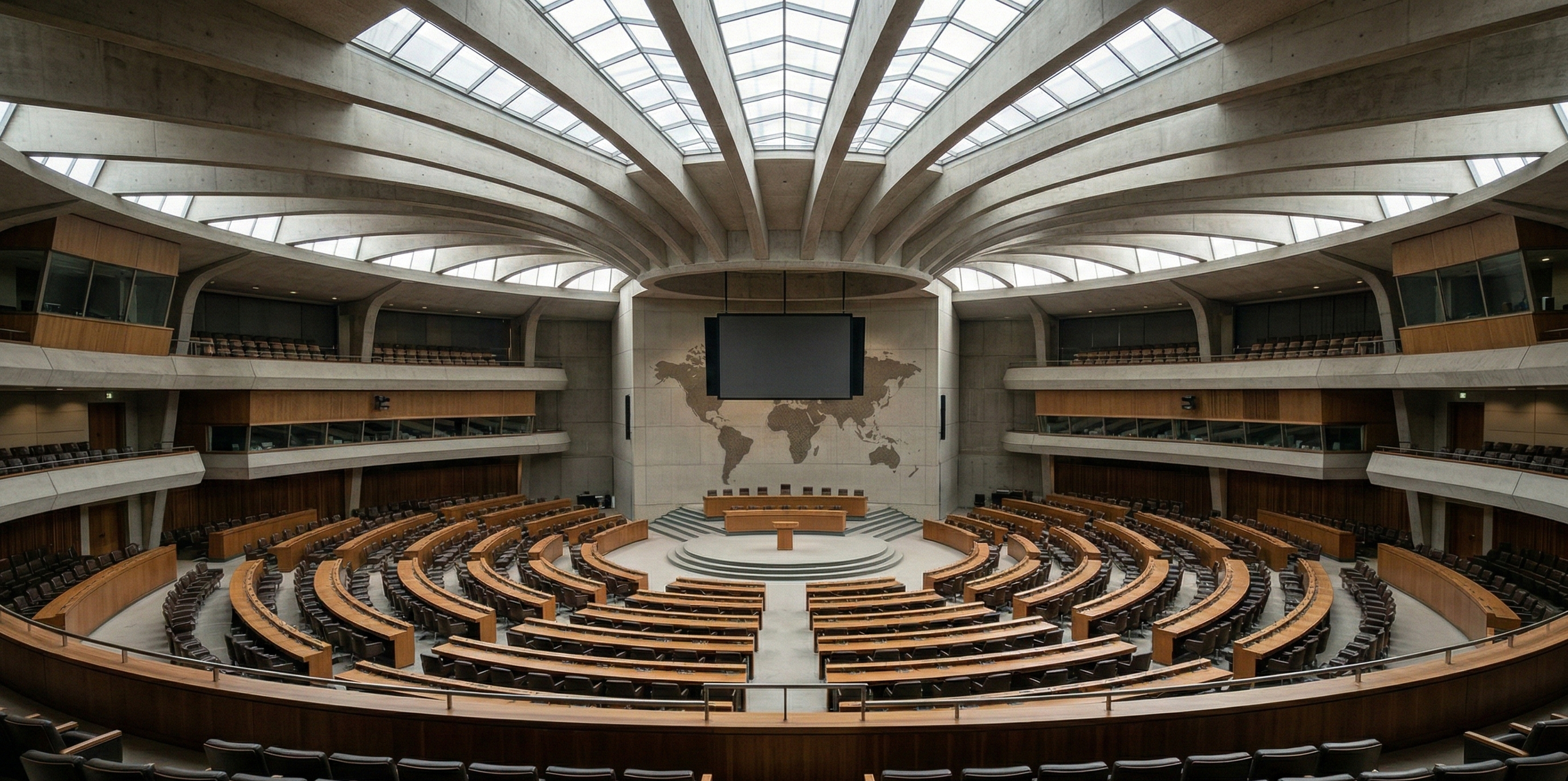 Interior of international assembly hall with world map backdrop representing legal oversight, state authority, and global governance in security matters.