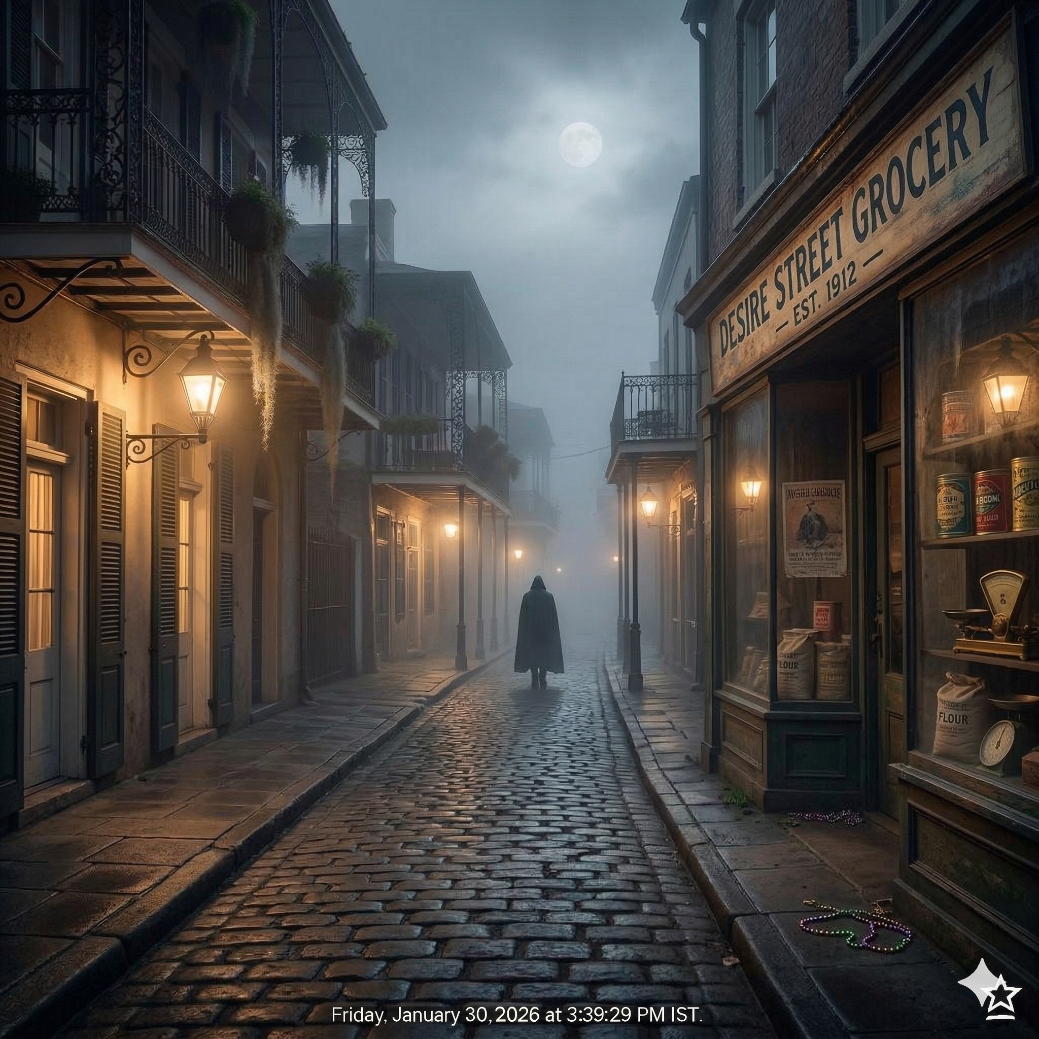A dimly lit grocery store at night with shadow figure suggesting danger inside.