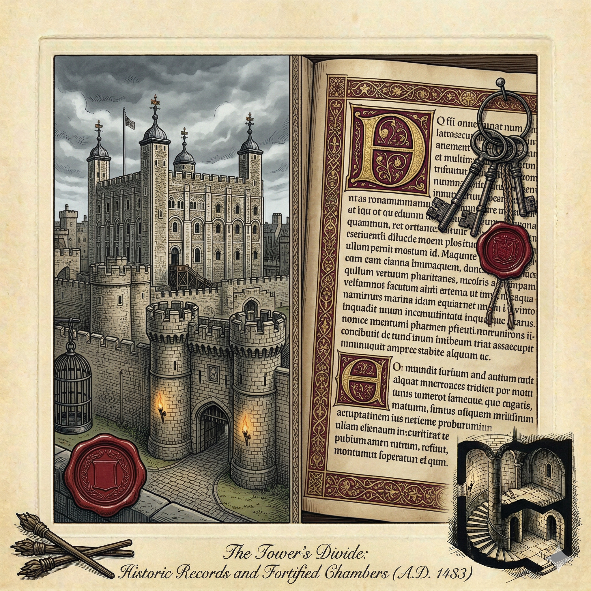 A split-style visual: Tower of London plus a portrait or manuscript.