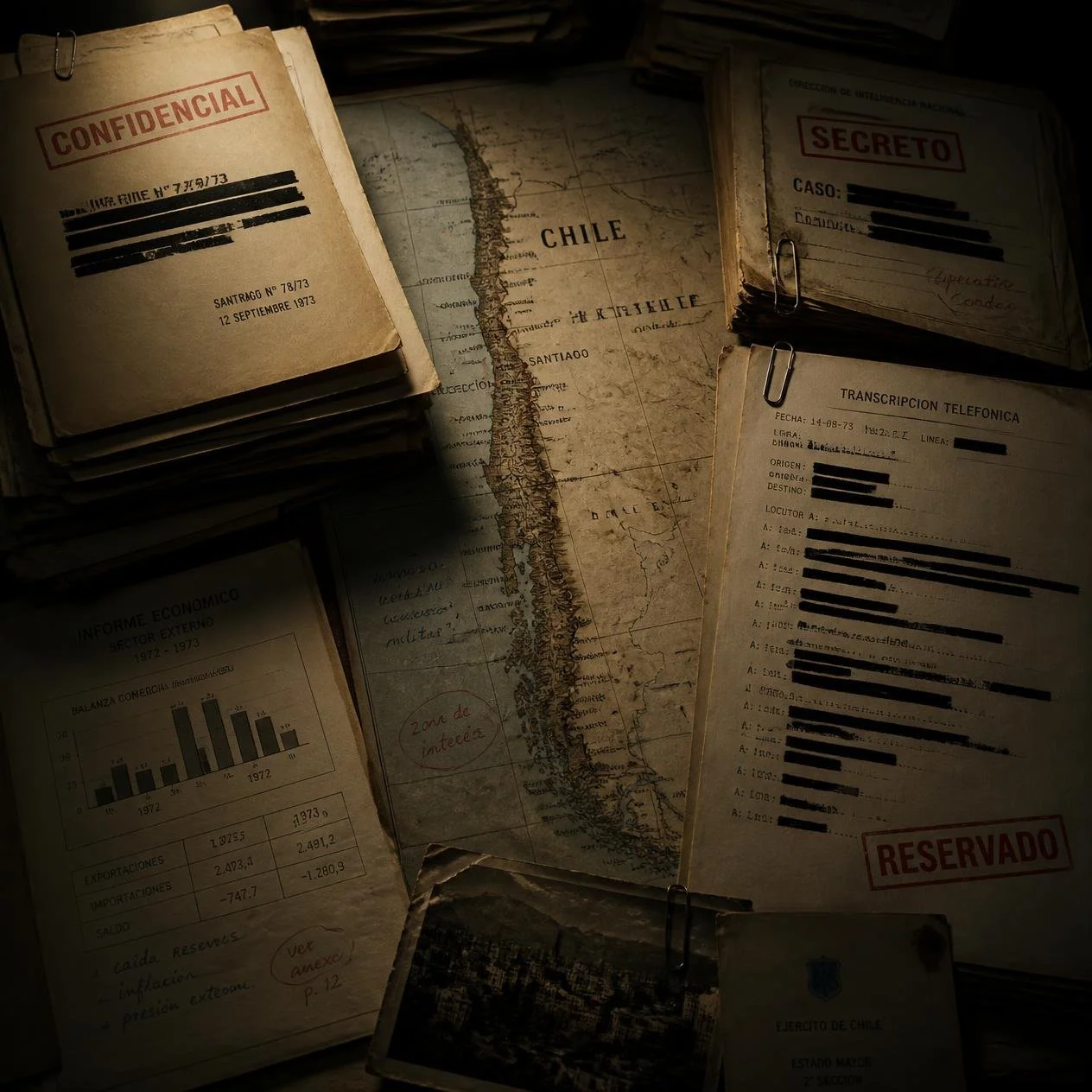 Classified files, economic documents and a map of Chile represent covert American pressure surrounding Salvador Allende’s government.