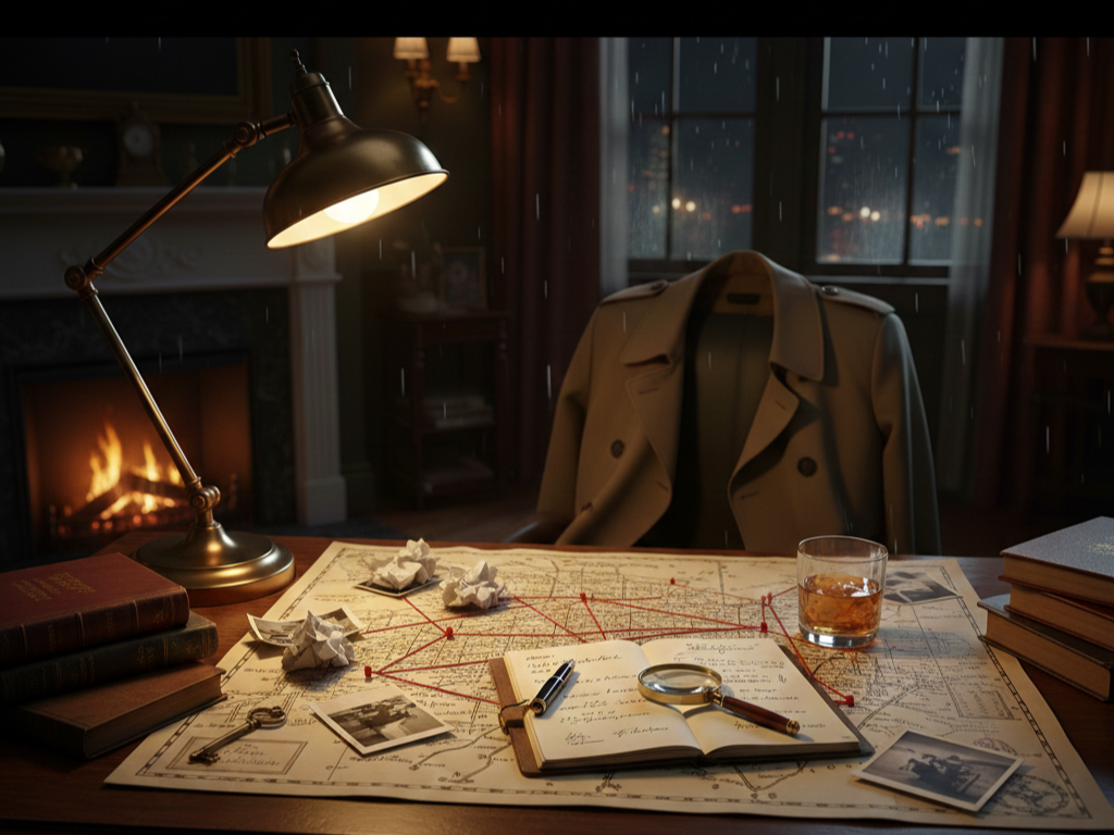 A detective's desk with maps, crumpled papers, photographs, a magnifying glass, a pen, a key, a glass of whiskey, stacked books, a coat hanging on a chair, and a desk lamp, with a fireplace and window in the background during rain at night.