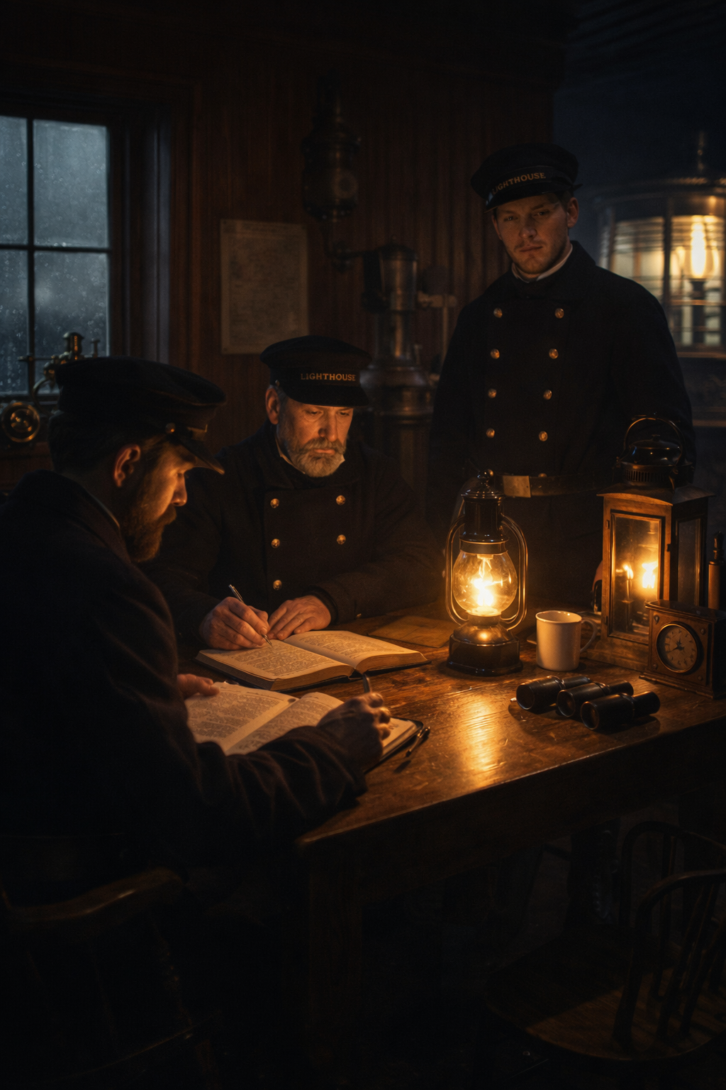 Three Victorian lighthouse keepers gathered inside a dimly lit lighthouse room, illustrating the isolated and routine life on the Flannan Isles.