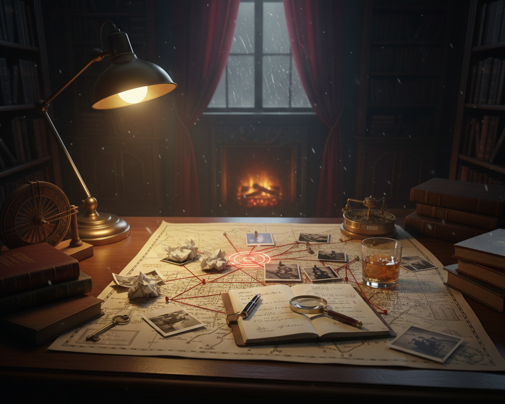 A detective's desk in a library with a lamp, crumpled paper, photographs, a map with red string connecting points, a magnifying glass, a notebook, and a glass of whiskey. There is a window with rain outside and a fireplace in the background.