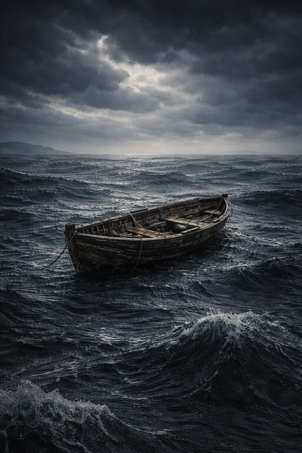 Lifeboat adrift in the Atlantic Ocean representing the missing escape boat from the Mary Celeste mystery.