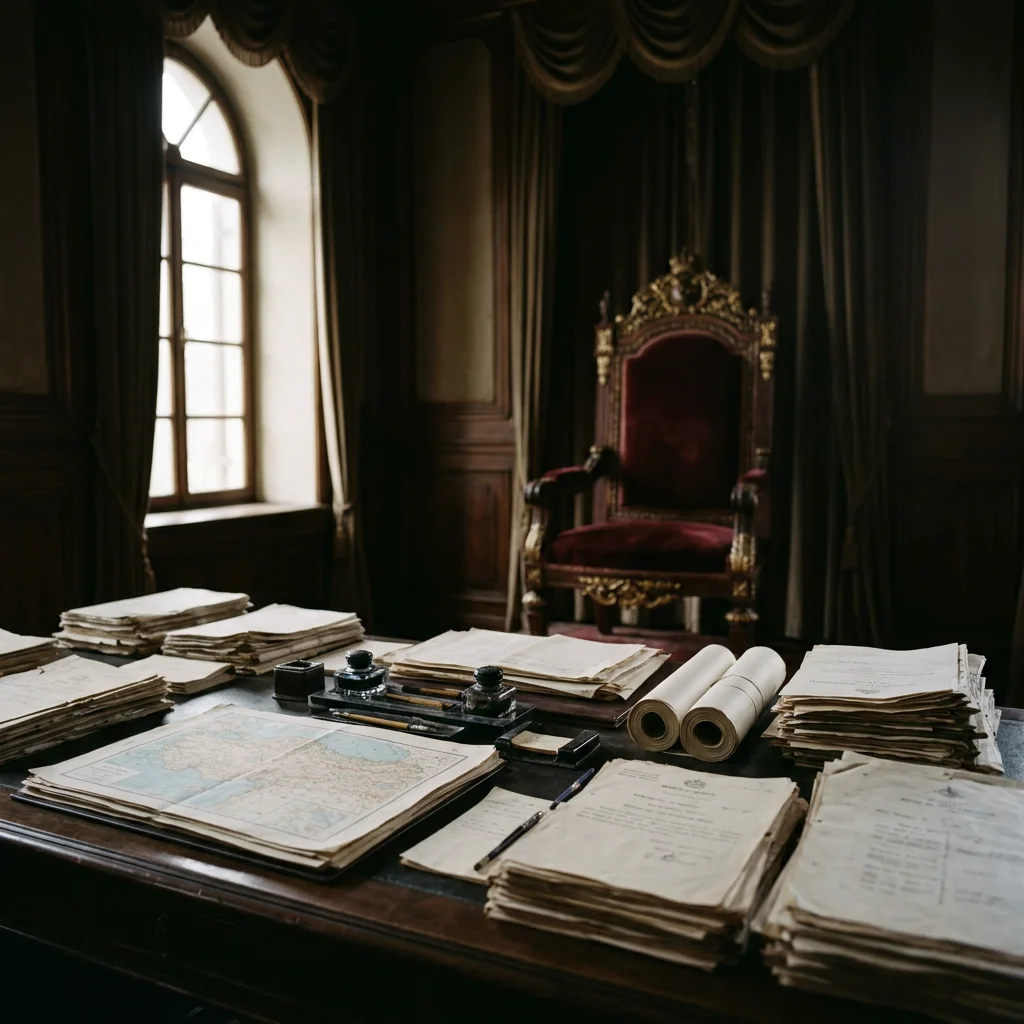 A dark late-Ottoman government chamber with an ornate imperial throne standing empty in the background while official government files, administrative maps of Anatolia,