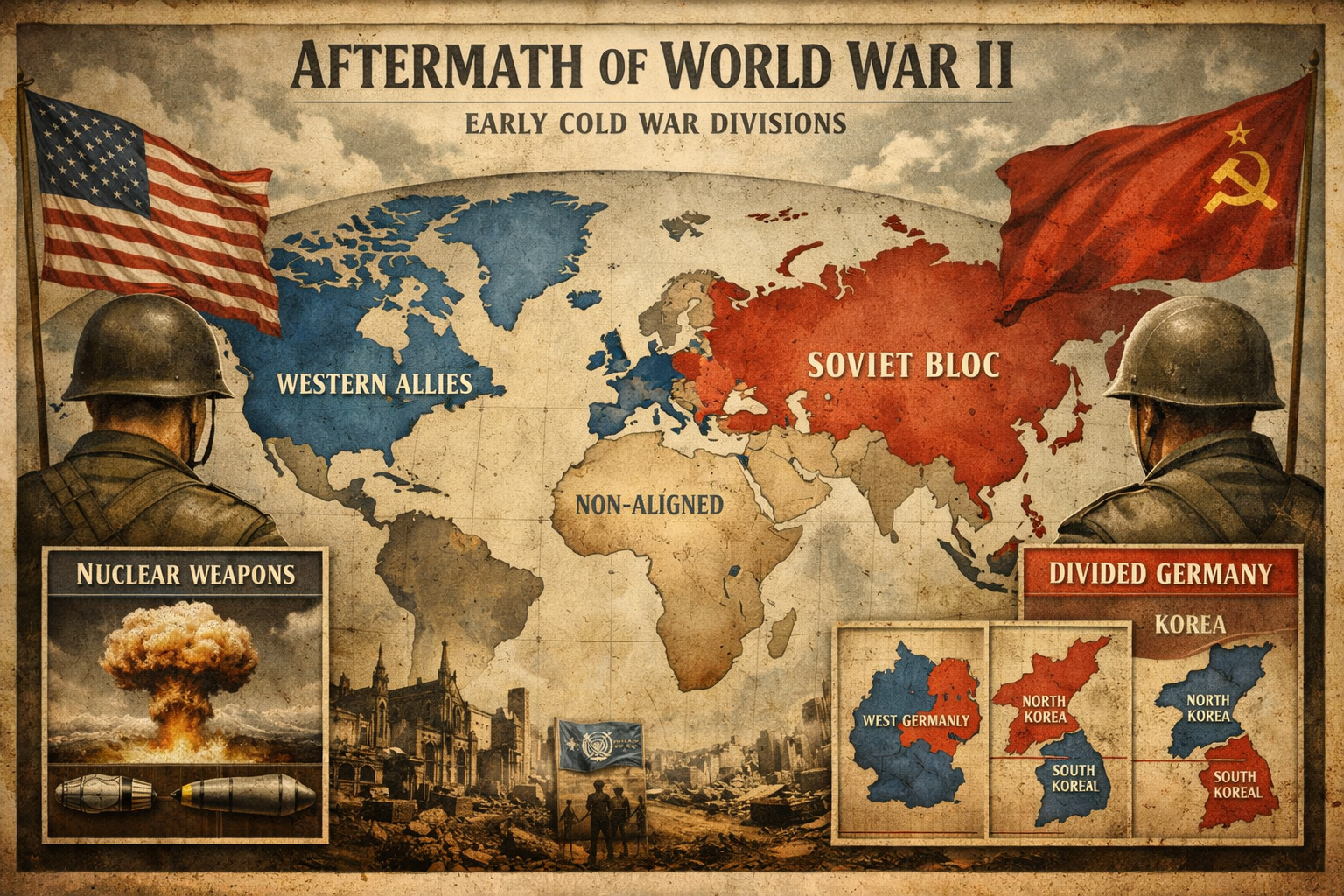 Illustrated world map showing the geopolitical alliances and divisions that emerged after World War II in 1945, marking the beginning of the modern global order.