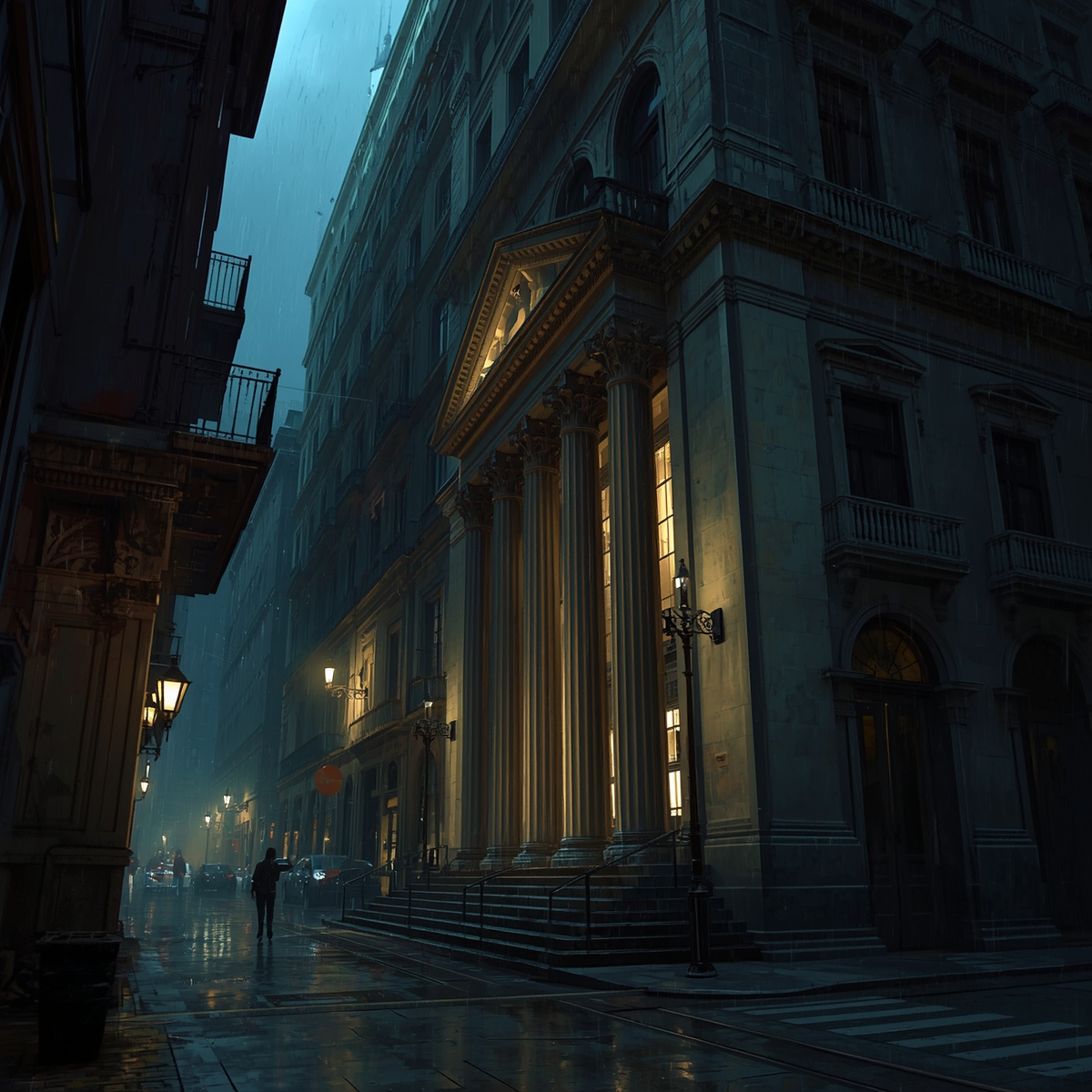 A formal bank exterior reflects Roberto Calvi’s role at the center of one of Italy’s biggest financial scandals.