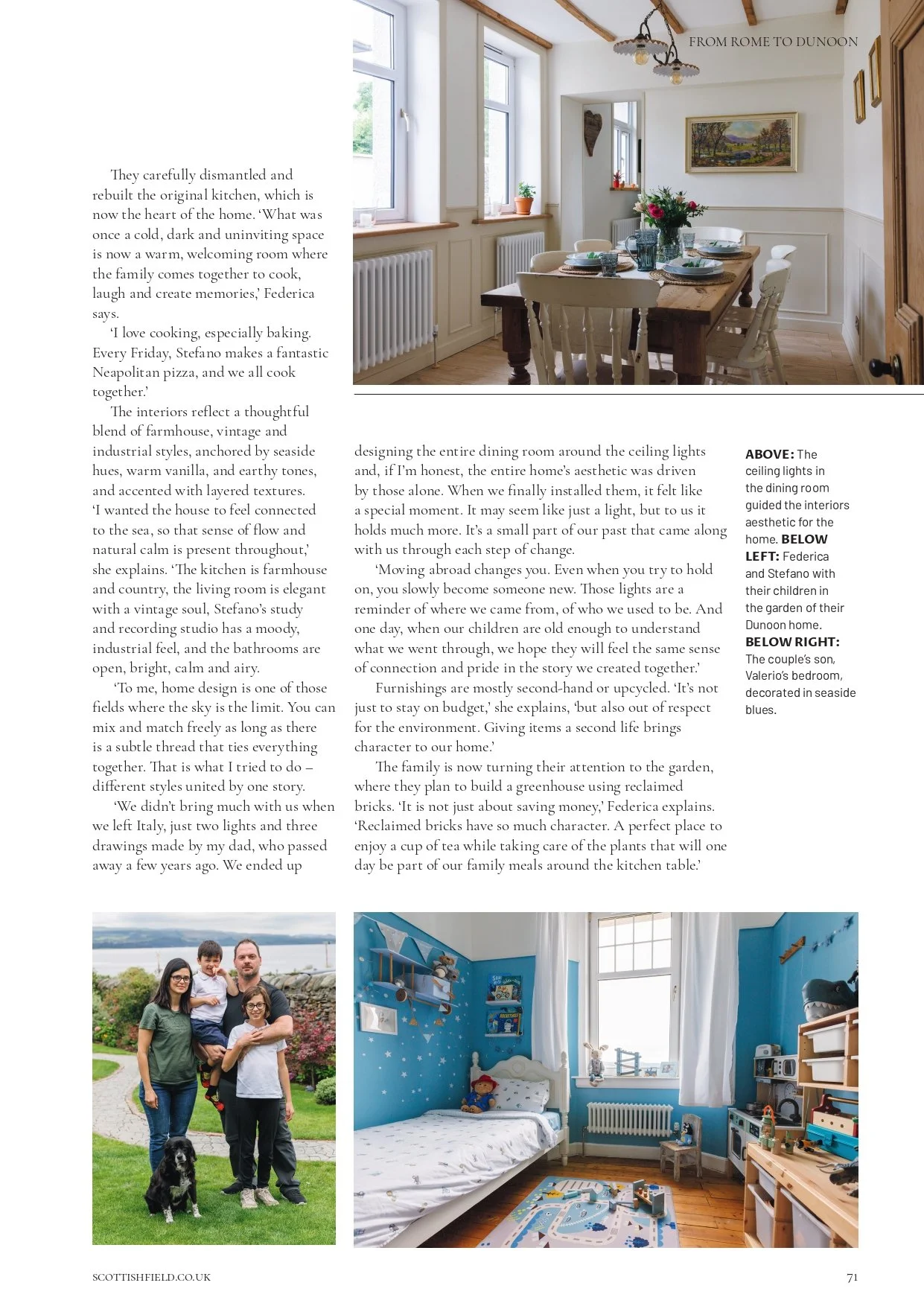 Page from a magazine with text, photos of a kitchen dining area, a family of four outdoors, and a child's bedroom with blue walls and toys. The kitchen has a wooden table, white chairs, large windows, and farmhouse-style decor.