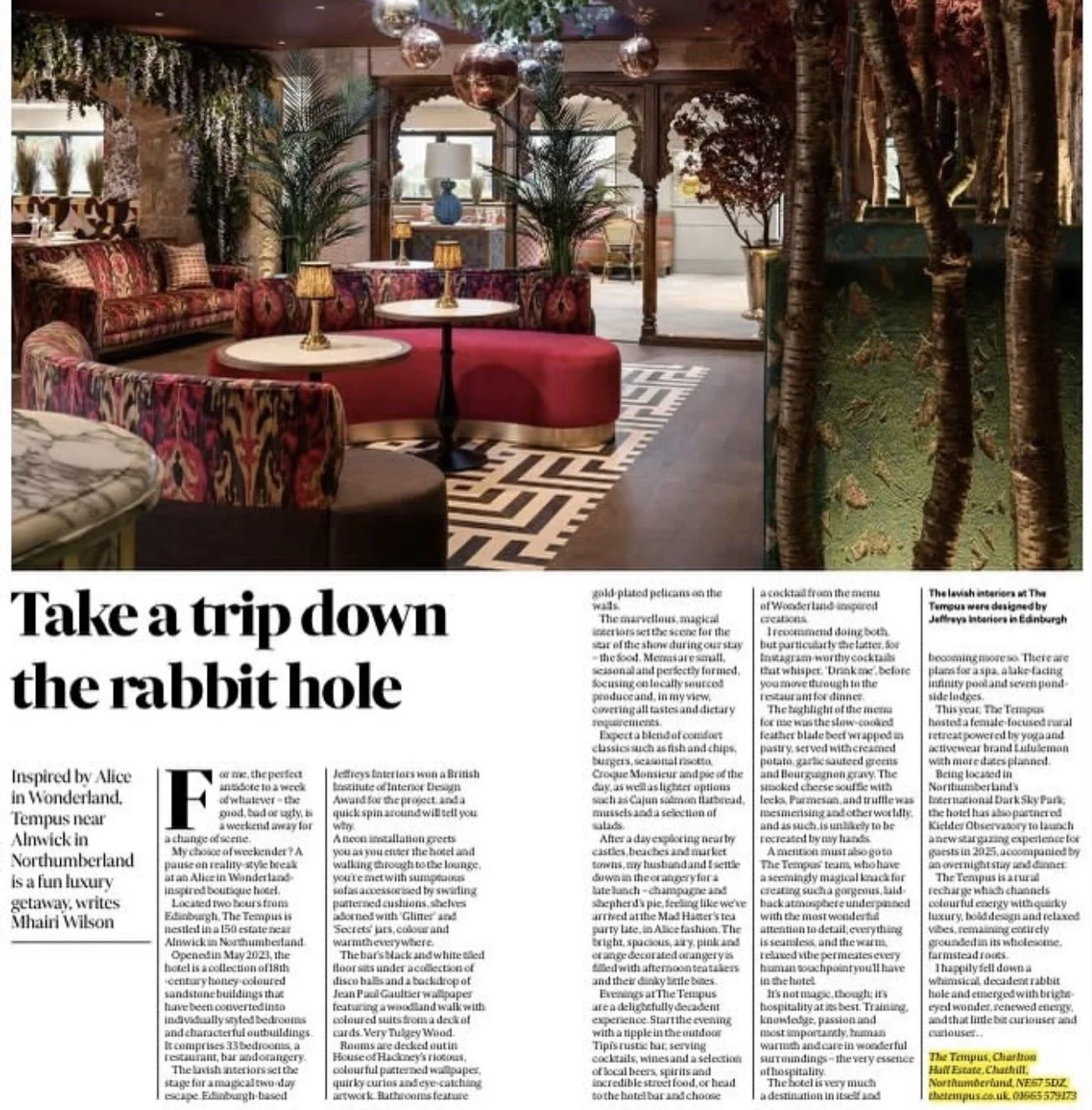 Interior of The Tempus, Chartton Hill Estate, Chartton, Northumberland, with colorful furniture, plants, and decorative lighting.